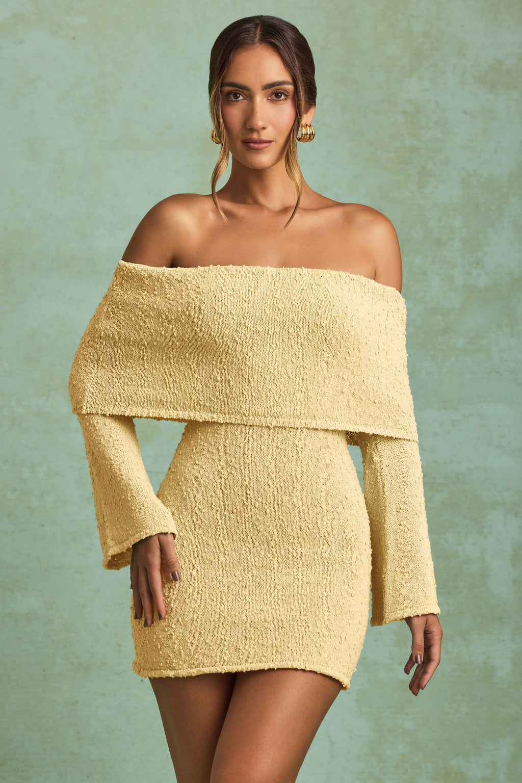 Bouclé Off-Shoulder Mini Dress in Yellow