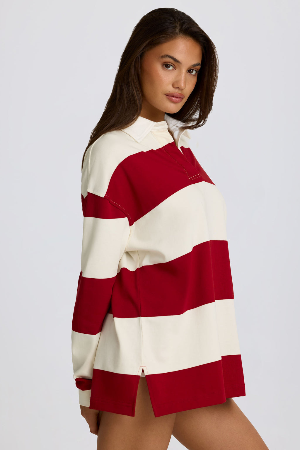 Striped Oversized Long-Sleeve T-Shirt in Dark Red