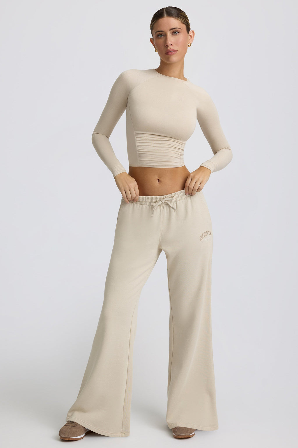 Fleece Lined Low-Rise Wide-Leg Joggers in Bone