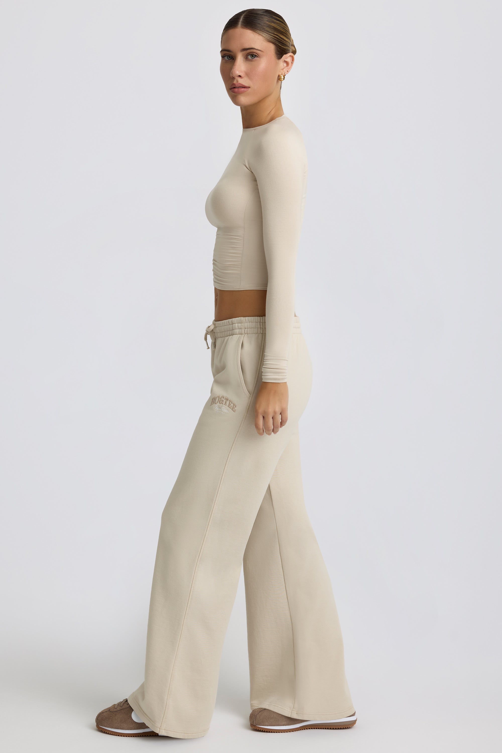 Fleece Lined Low-Rise Wide-Leg Joggers in Bone