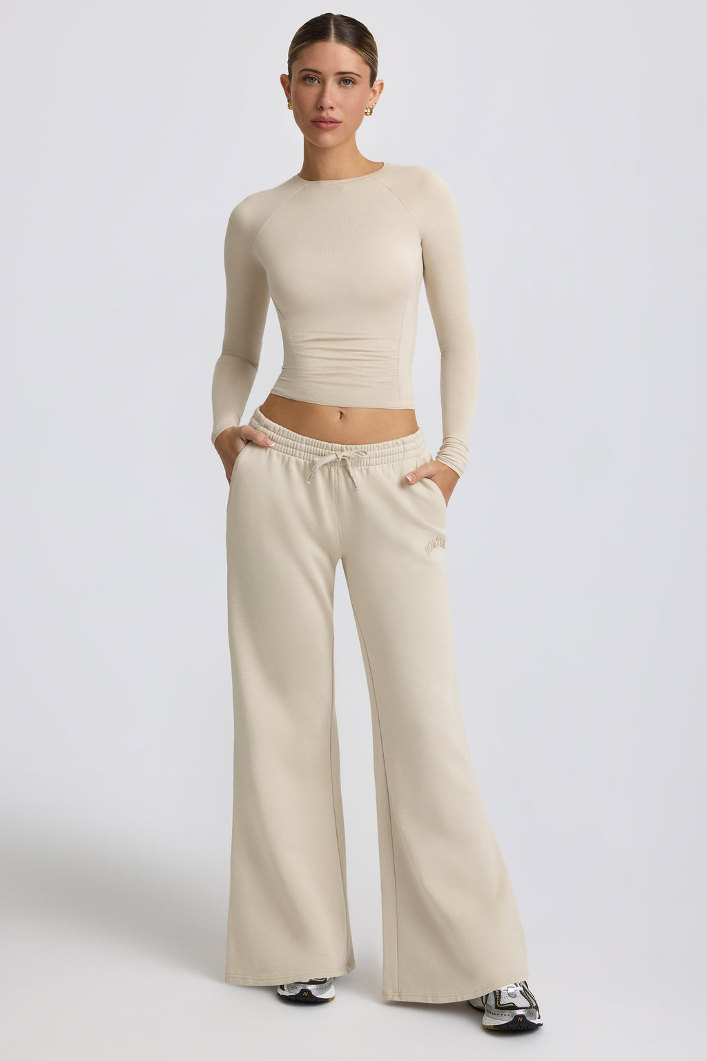 Fleece Lined Low-Rise Wide-Leg Joggers in Bone
