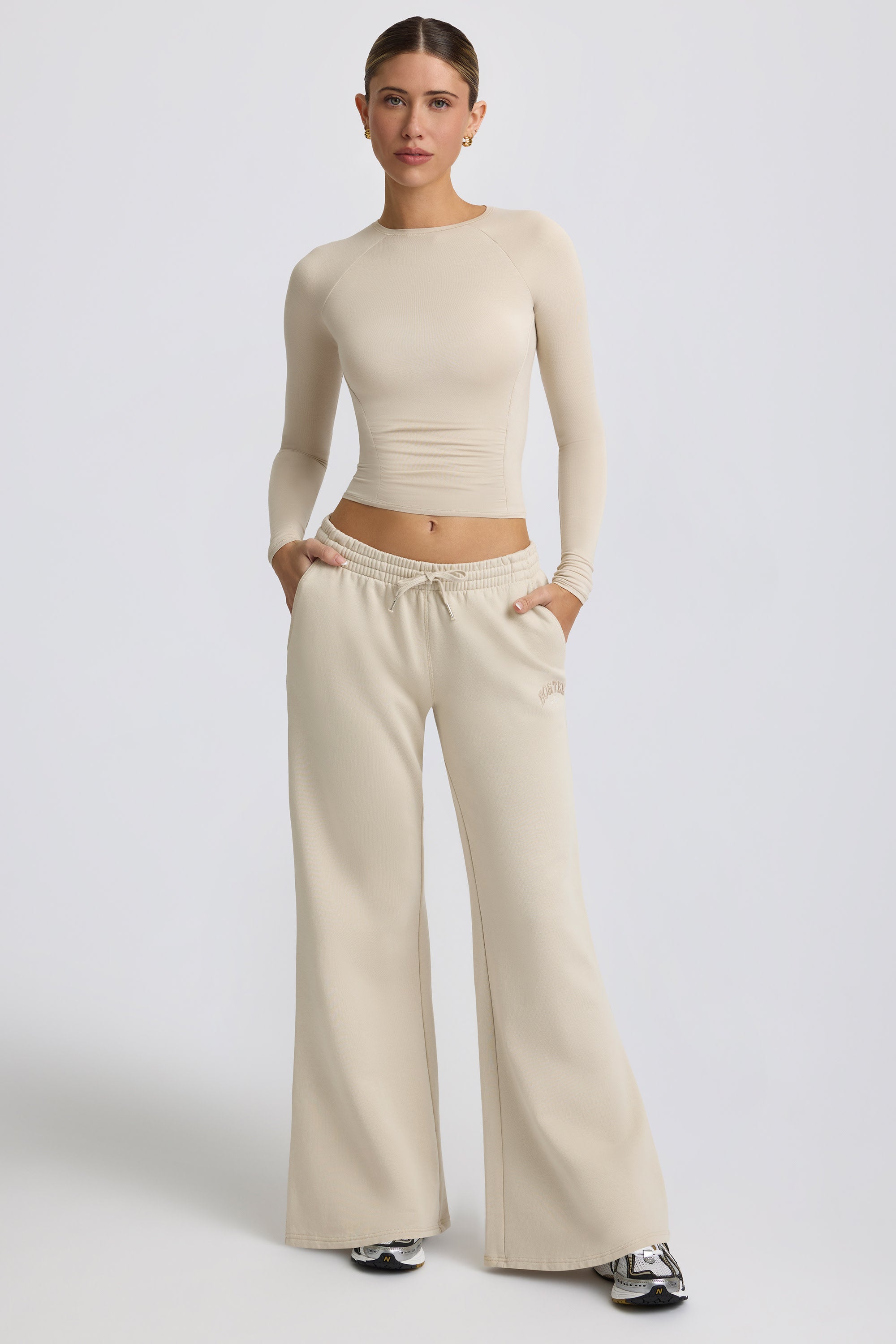 Fleece Lined Low-Rise Wide-Leg Joggers in Bone