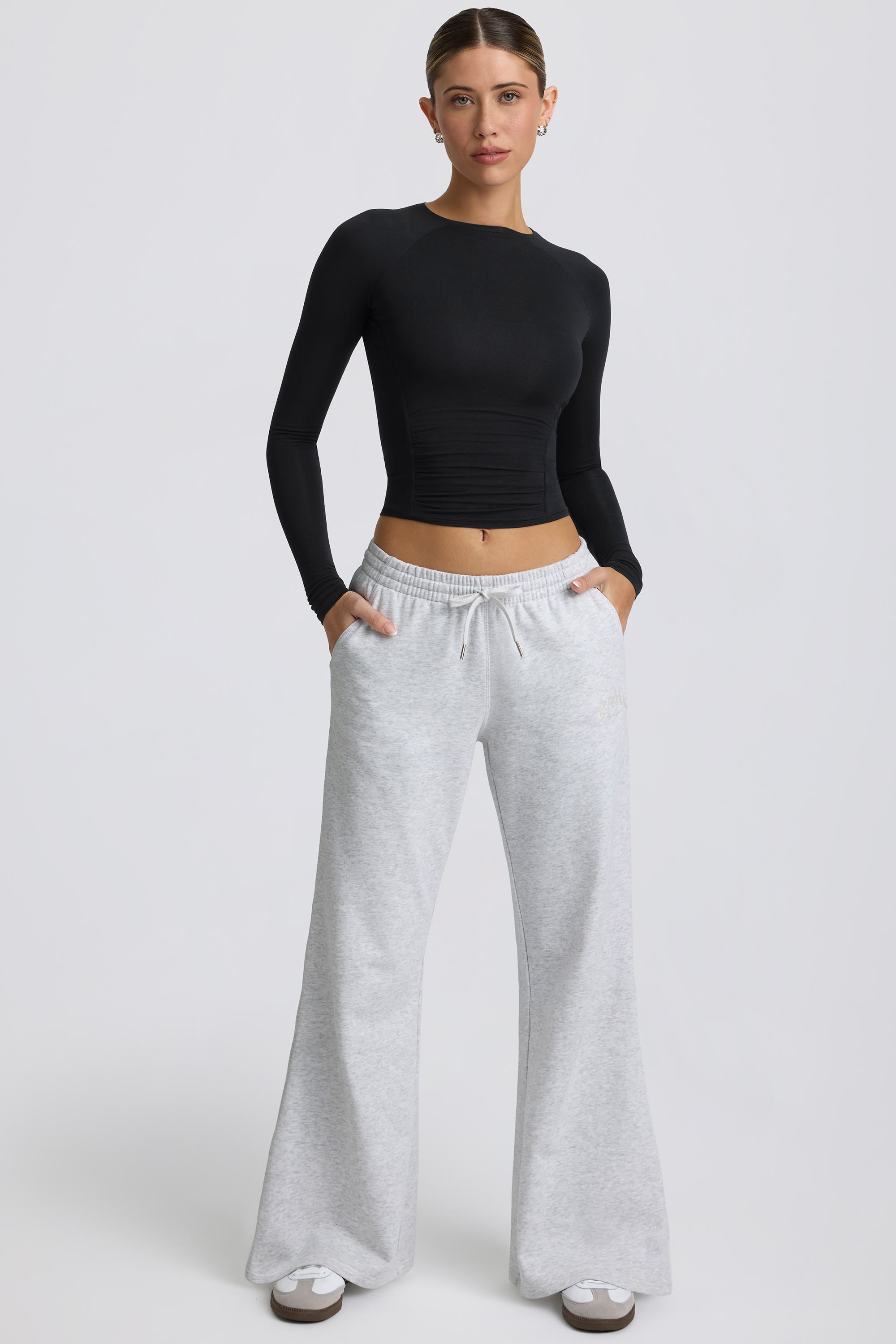 Fleece Lined Low-Rise Wide-Leg Joggers in Grey Marl