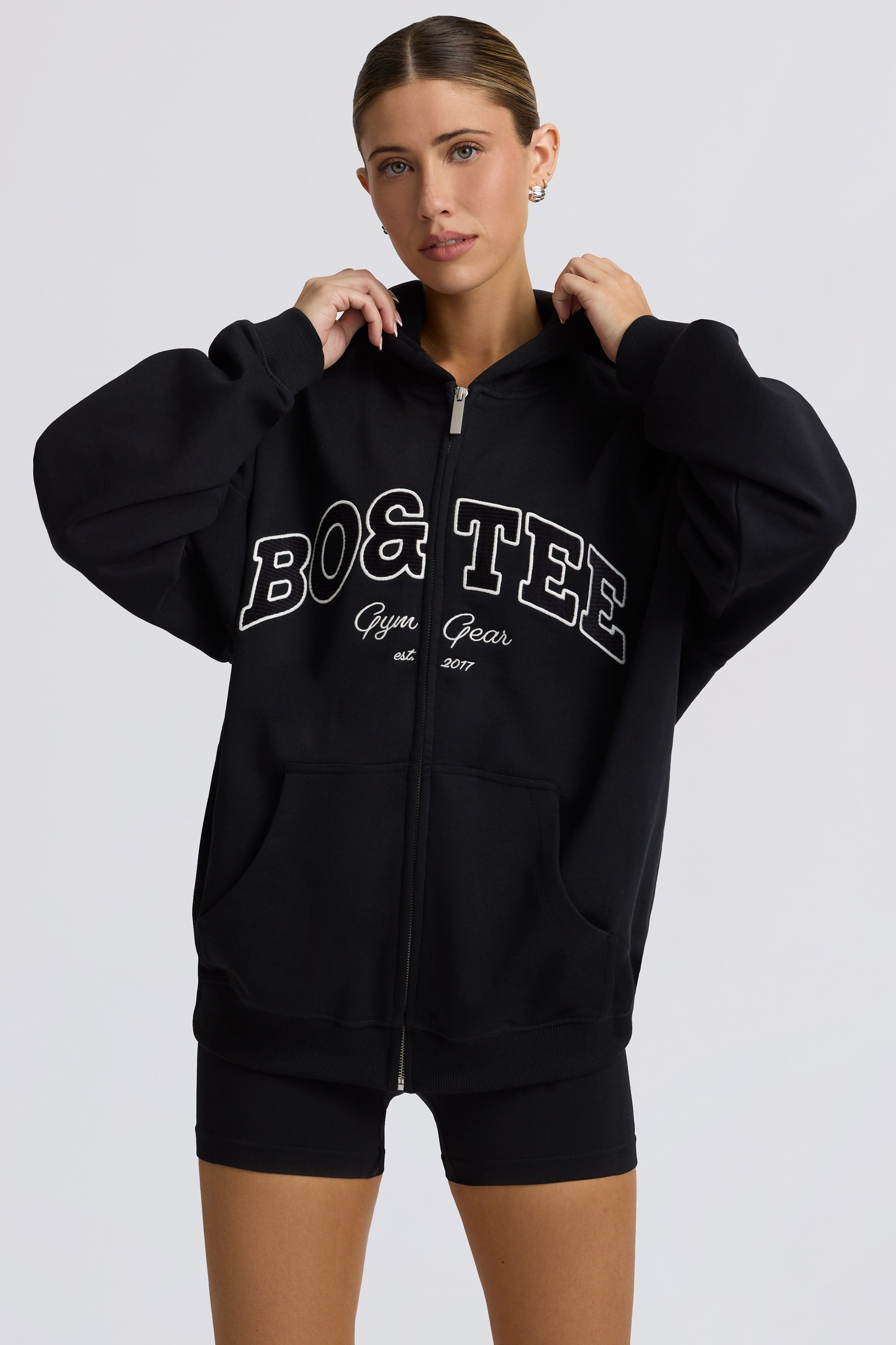 Fleece Lined Oversized Zip-Up Hoodie in Black