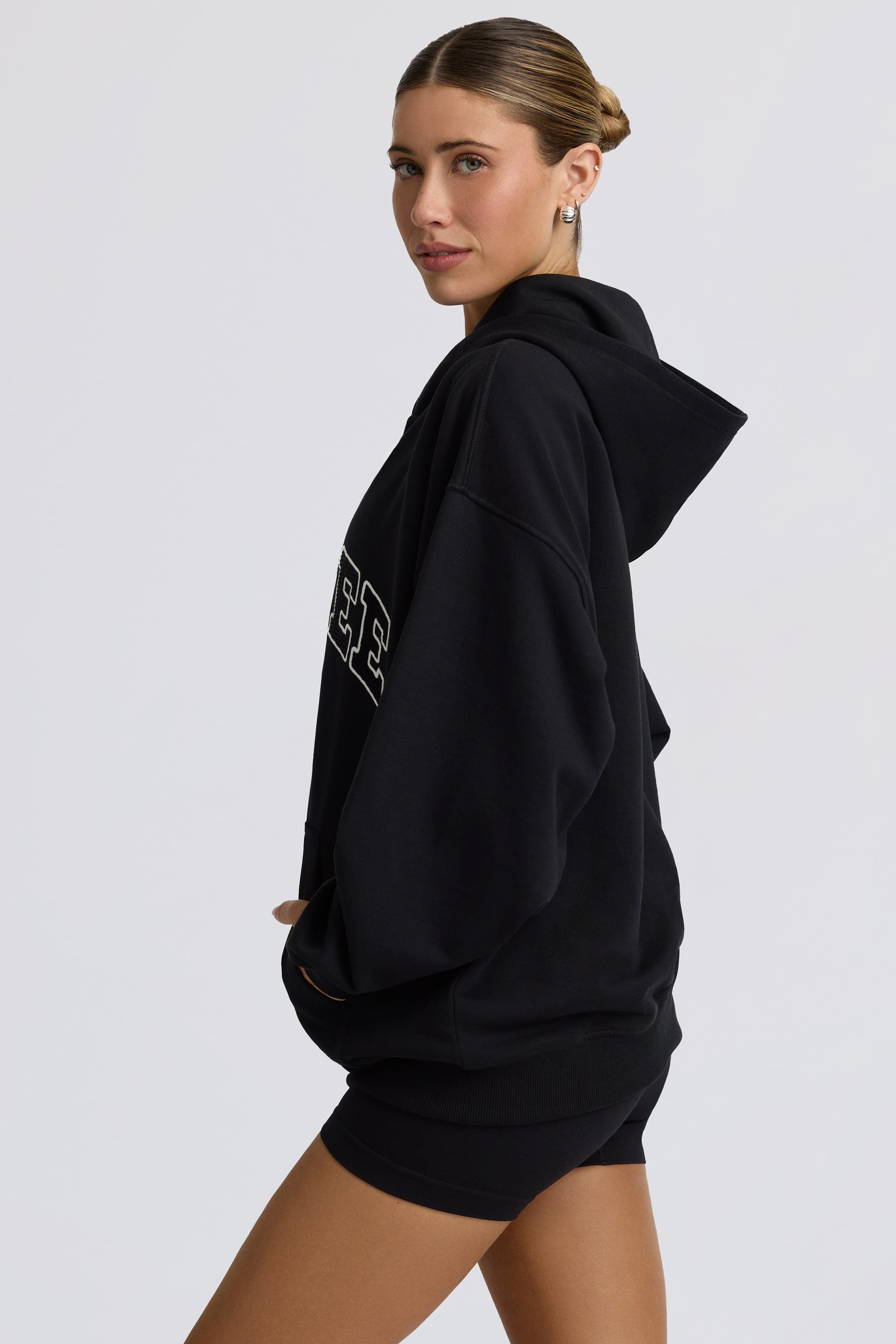 Fleece Lined Oversized Zip-Up Hoodie in Black