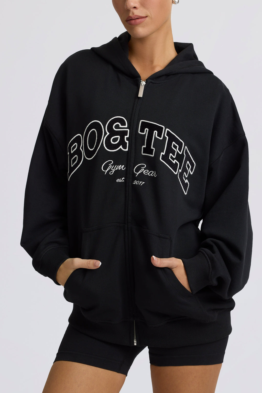Fleece Lined Oversized Zip-Up Hoodie in Black