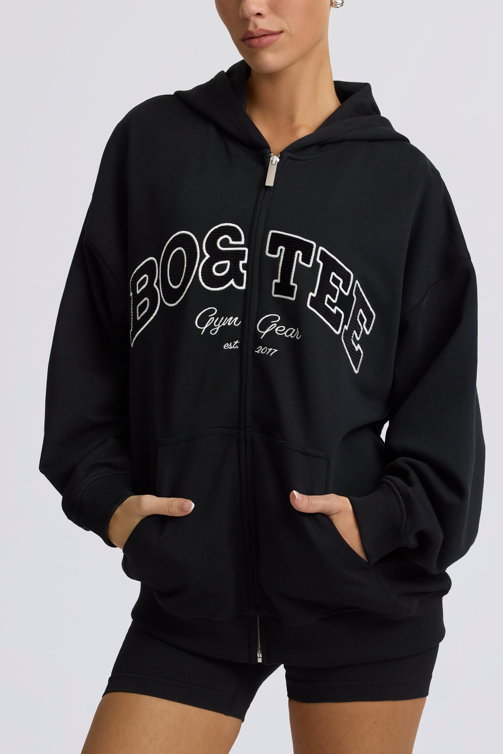 Fleece Lined Oversized Zip-Up Hoodie in Black