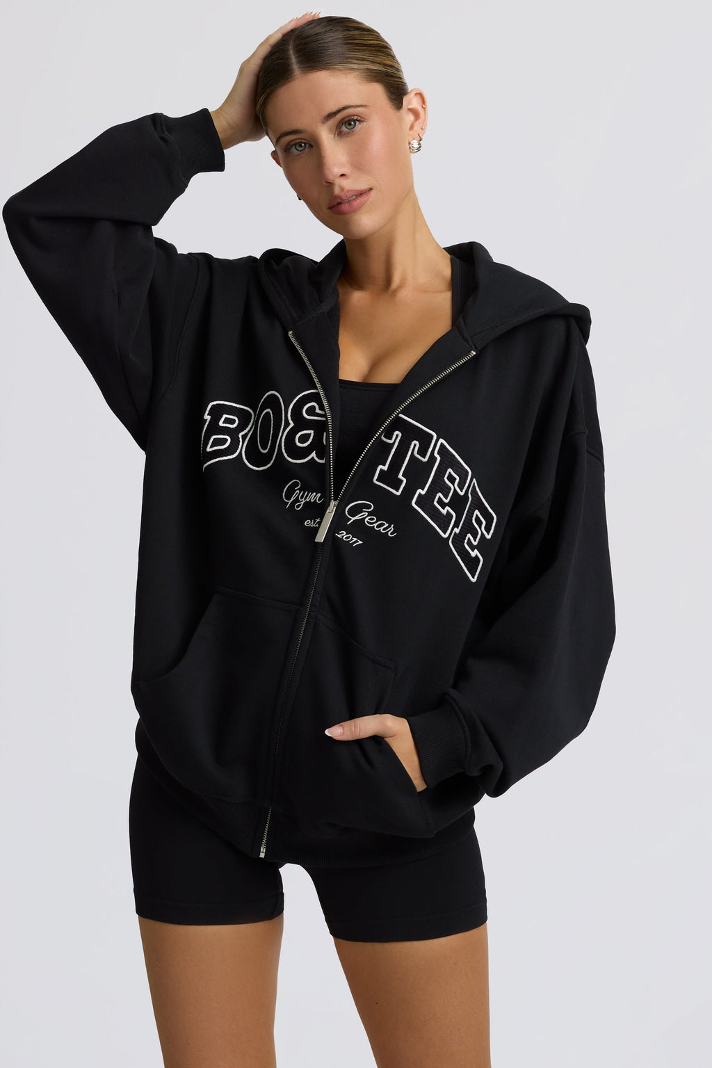 Fleece Lined Oversized Zip-Up Hoodie in Black