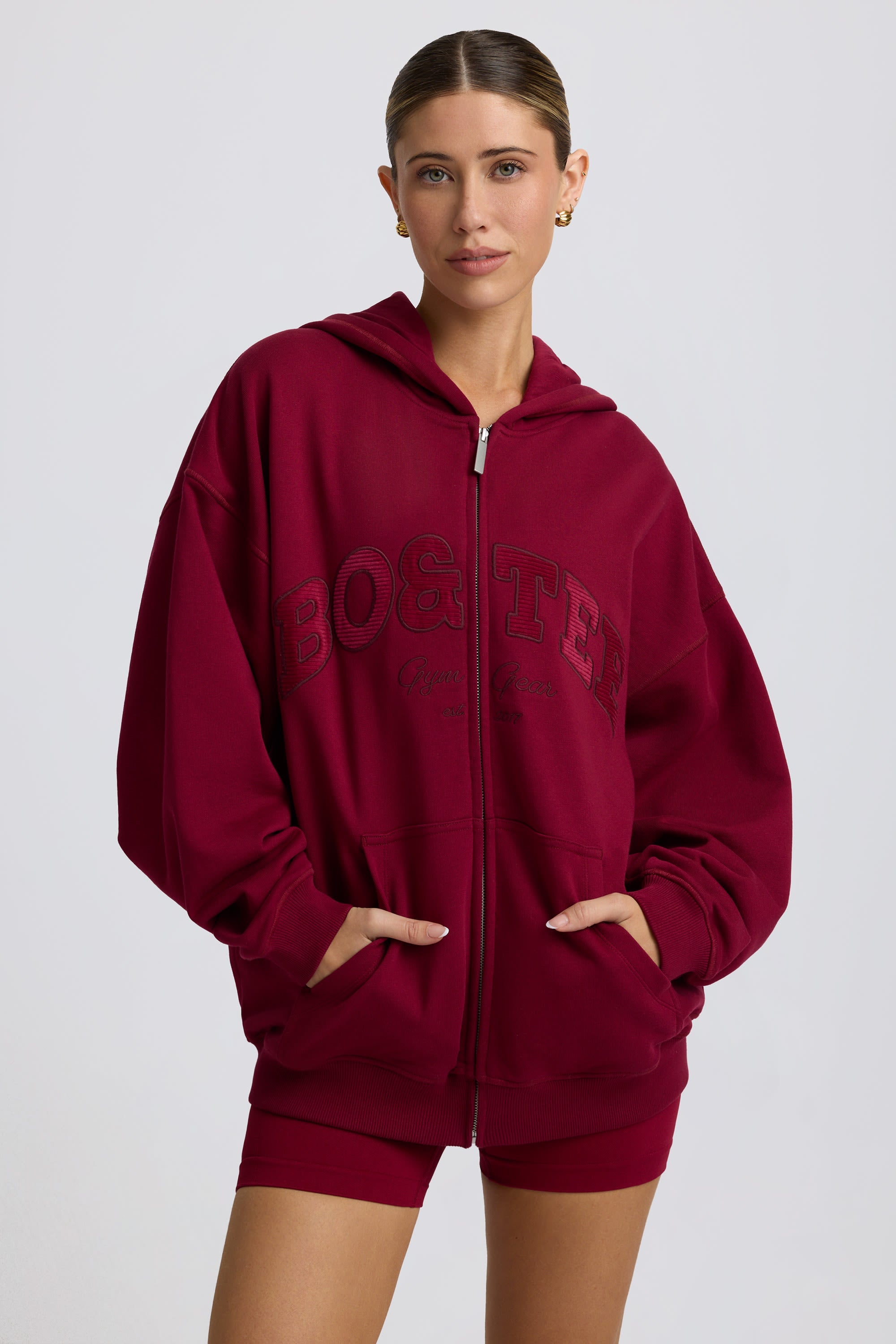 Fleece Lined Oversized Zip-Up Hoodie in Burgundy