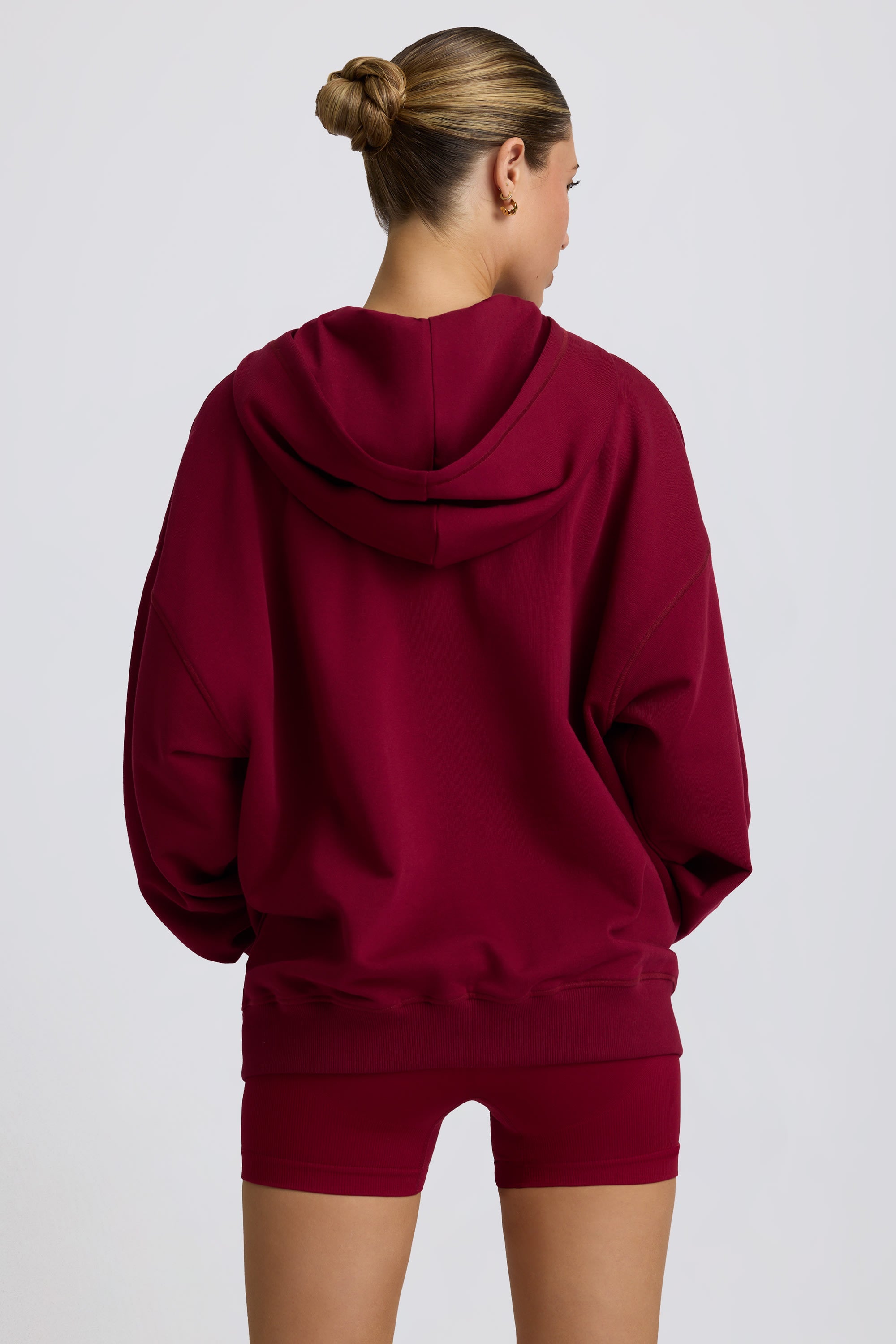 Fleece Lined Oversized Zip-Up Hoodie in Burgundy