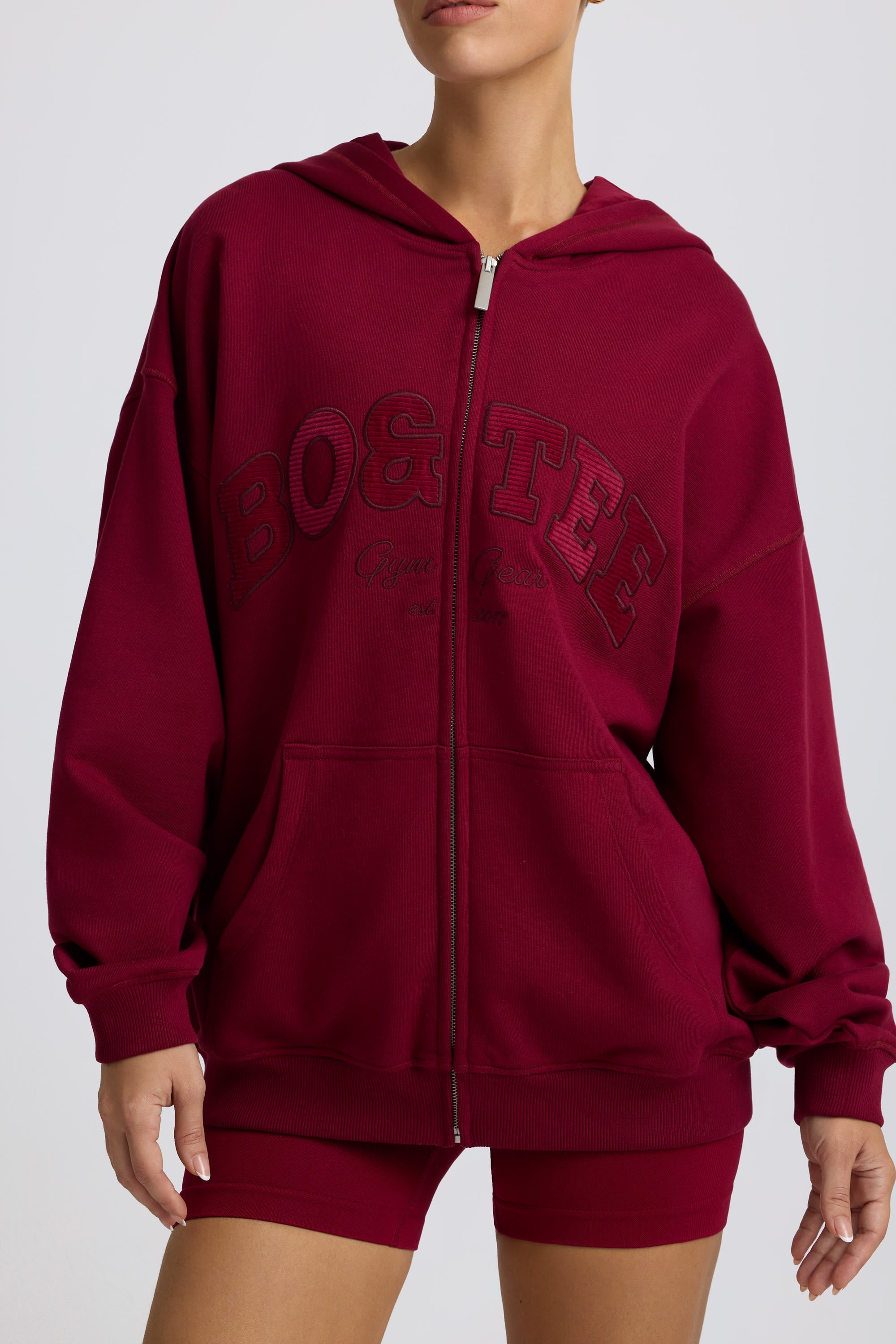 Fleece Lined Oversized Zip-Up Hoodie in Burgundy