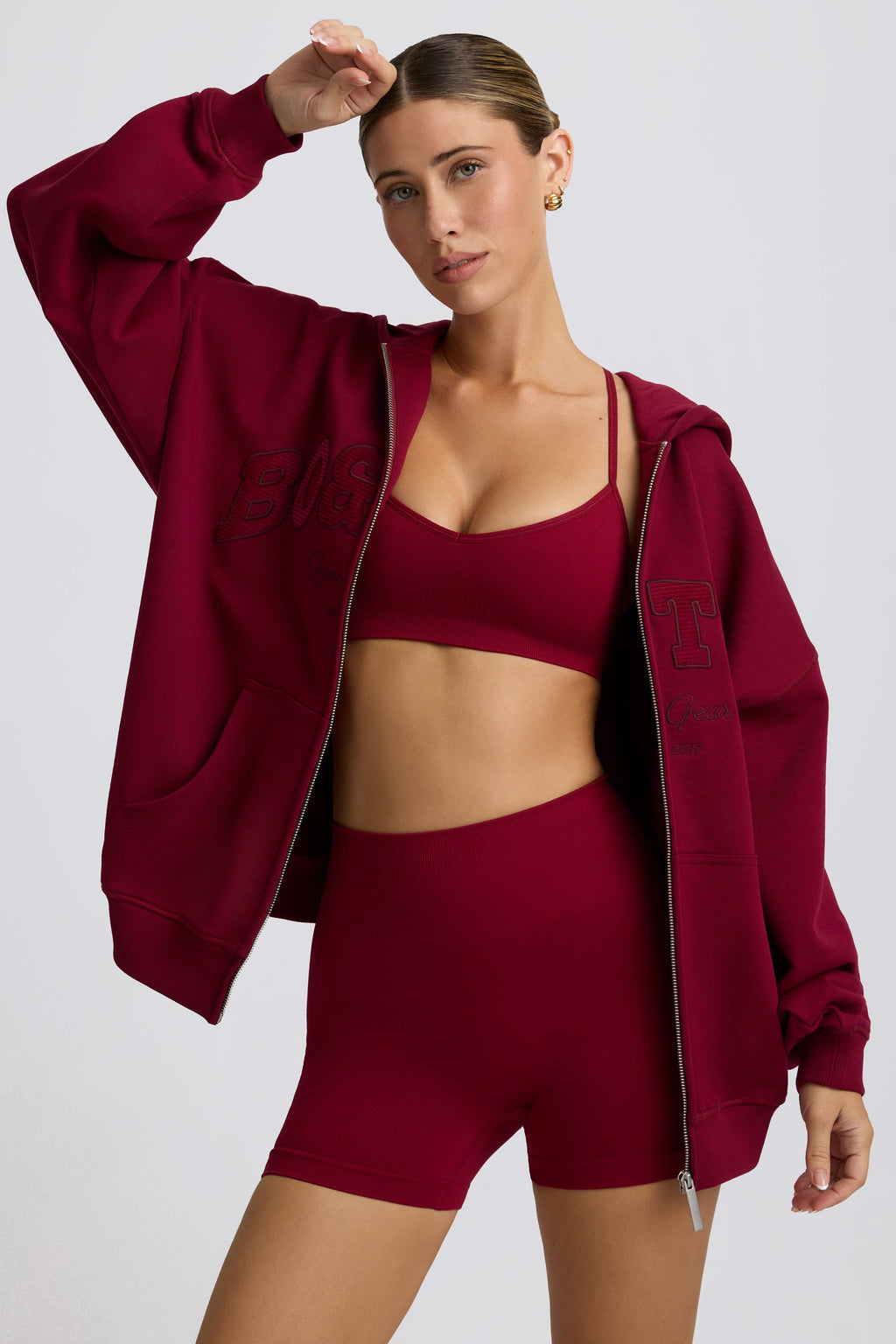 Fleece Lined Oversized Zip-Up Hoodie in Burgundy