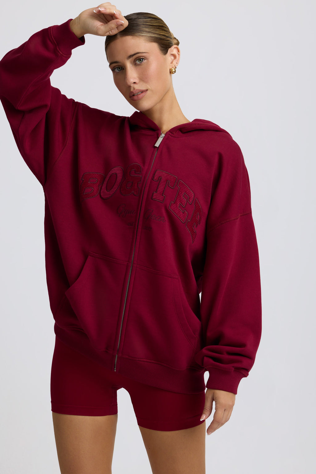 Fleece Lined Oversized Zip-Up Hoodie in Burgundy