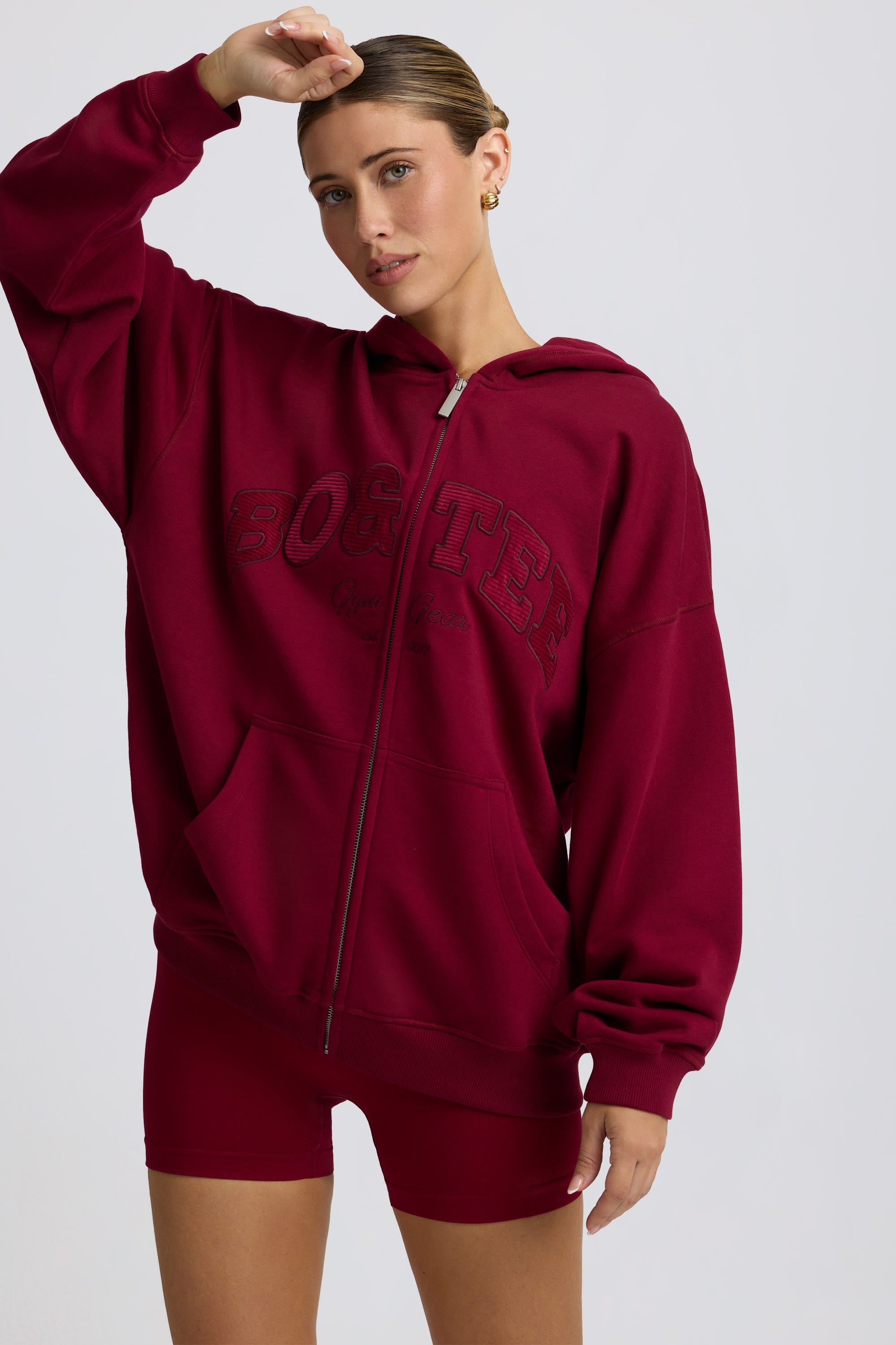 Fleece Lined Oversized Zip-Up Hoodie in Burgundy