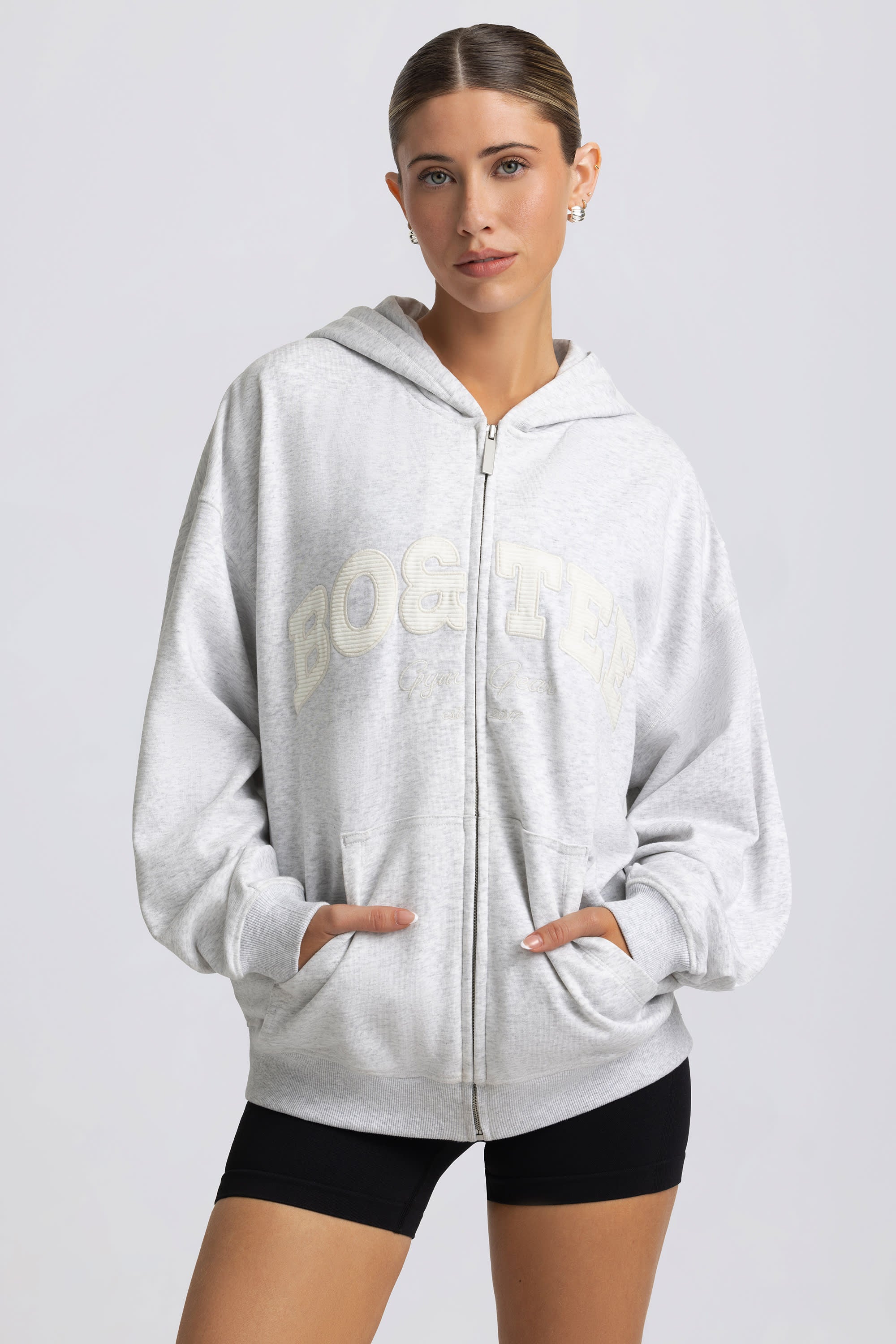 Fleece Lined Oversized Zip-Up Hoodie in Grey Marl