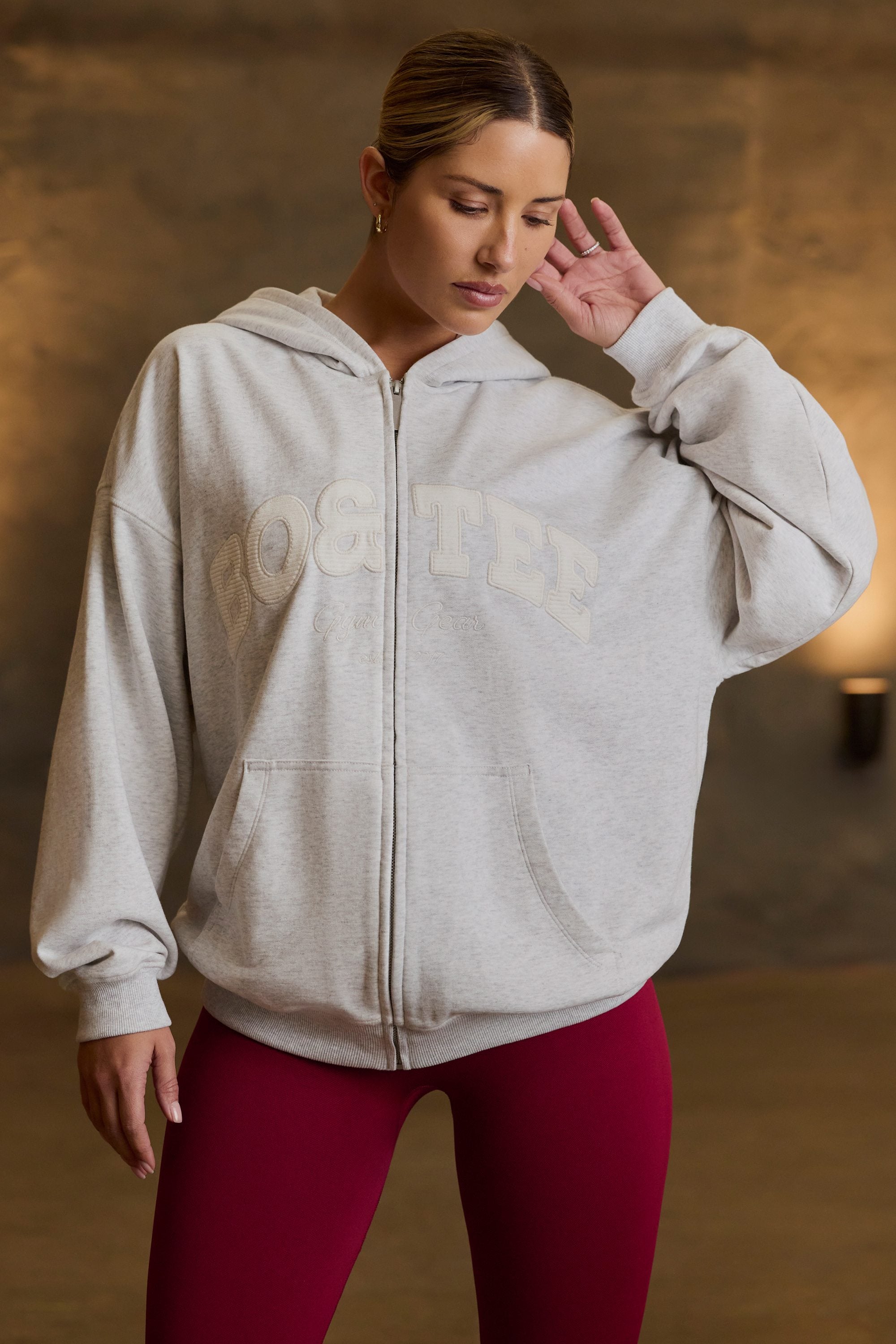 Fleece Lined Oversized Zip-Up Hoodie in Grey Marl