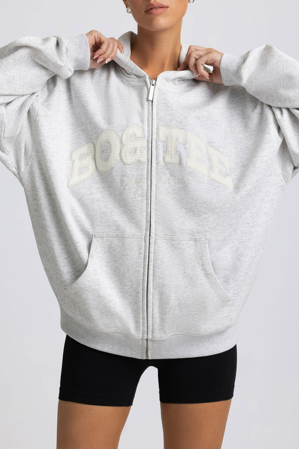 Fleece Lined Oversized Zip-Up Hoodie in Grey Marl