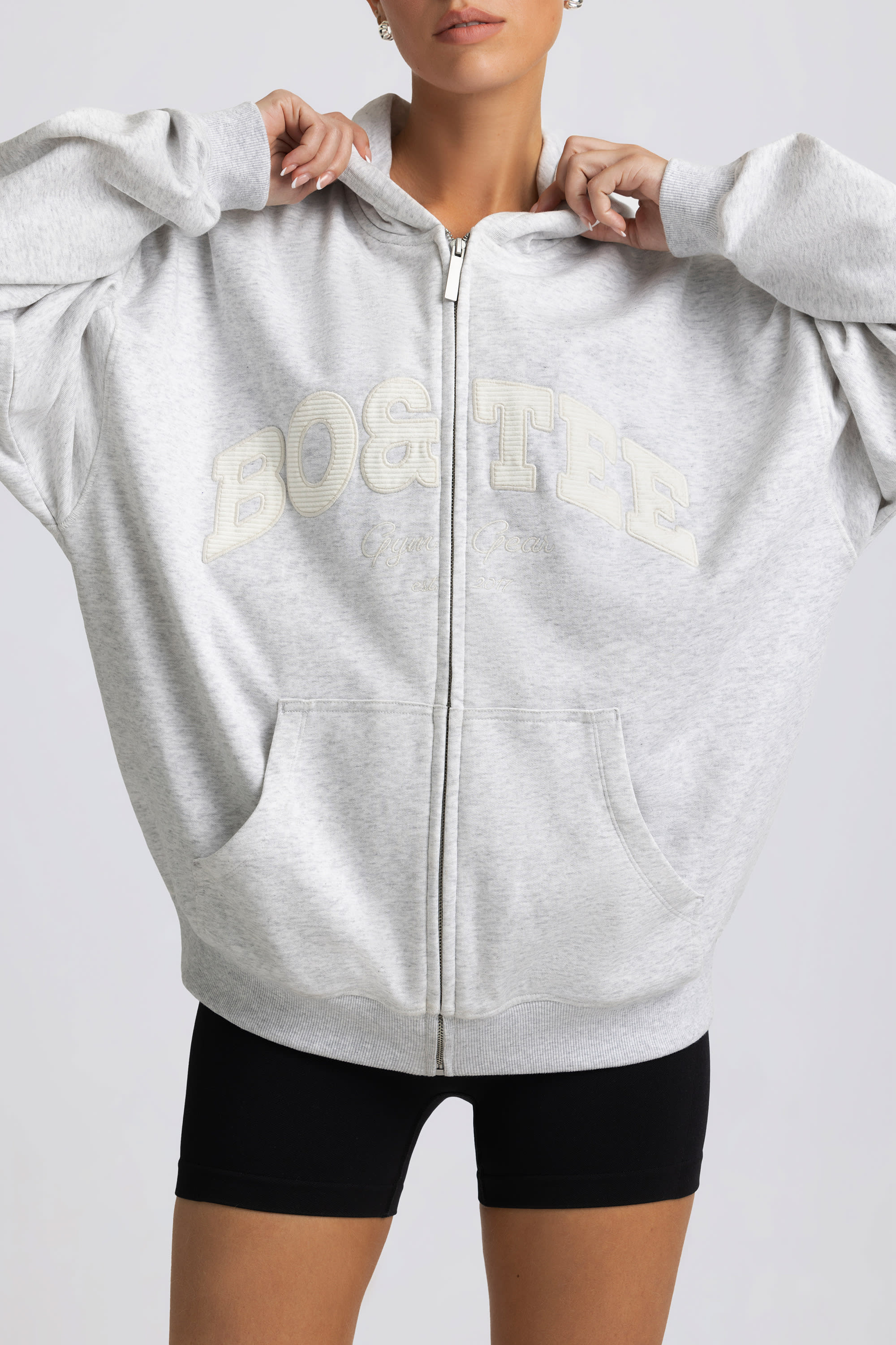 Fleece Lined Oversized Zip-Up Hoodie in Grey Marl