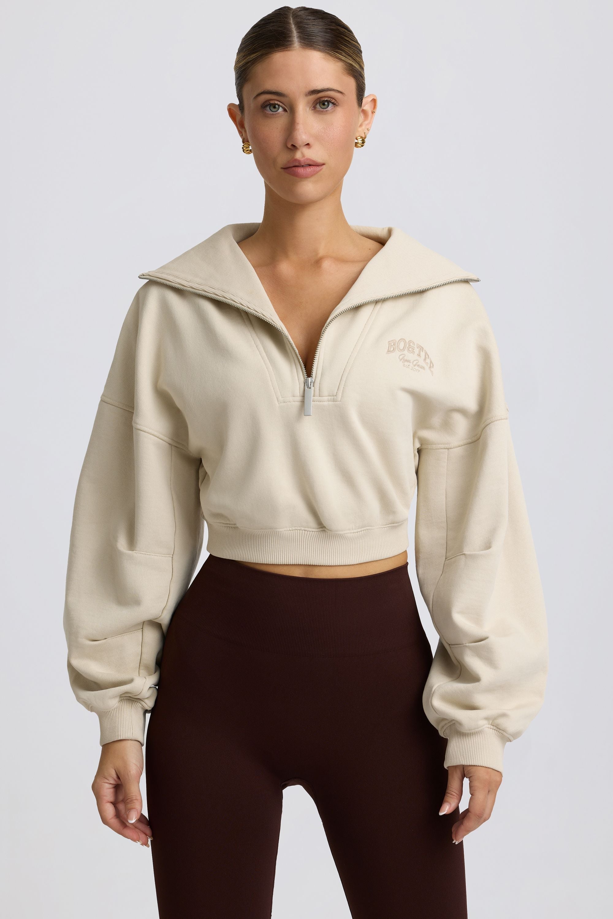 Fleece Lined Quarter-Zip Cropped Sweatshirt in Bone