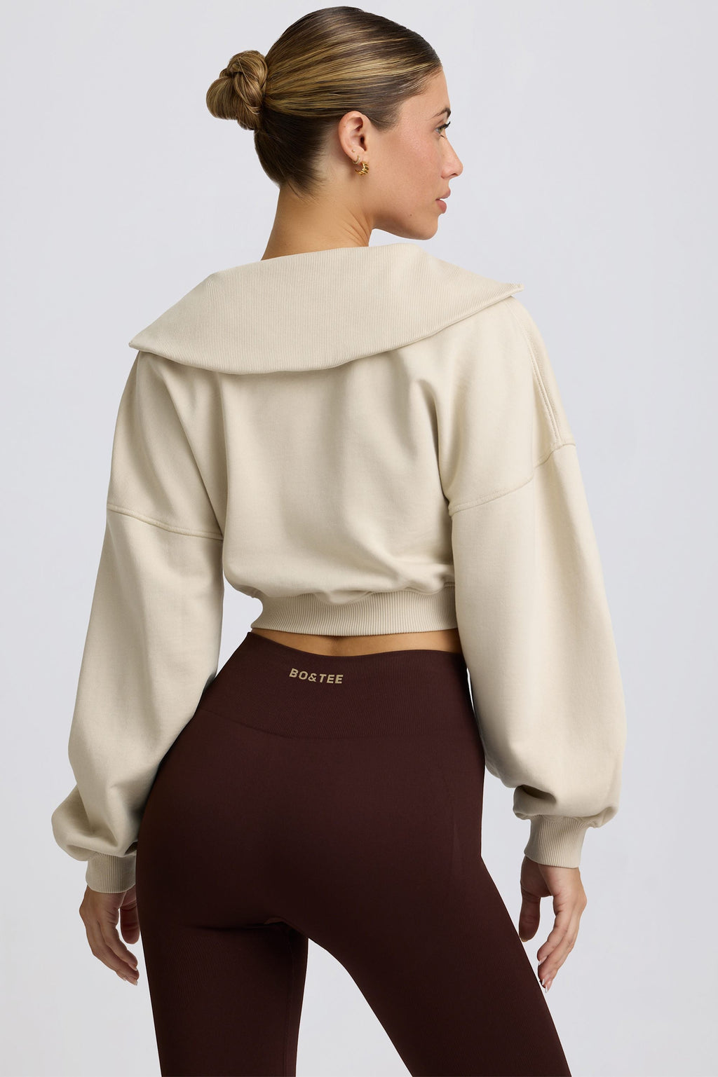Fleece Lined Quarter-Zip Cropped Sweatshirt in Bone