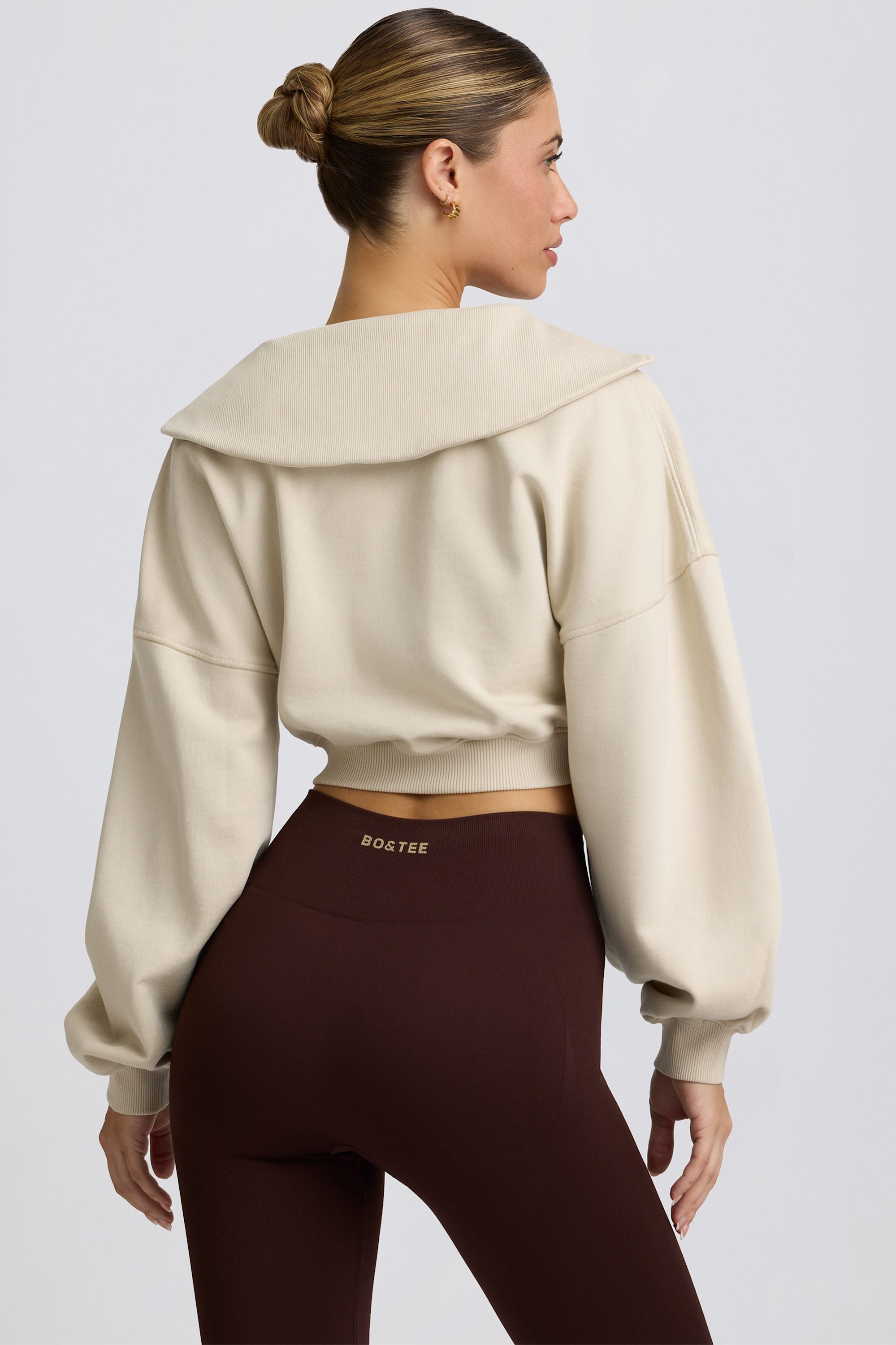 Fleece Lined Quarter-Zip Cropped Sweatshirt in Bone