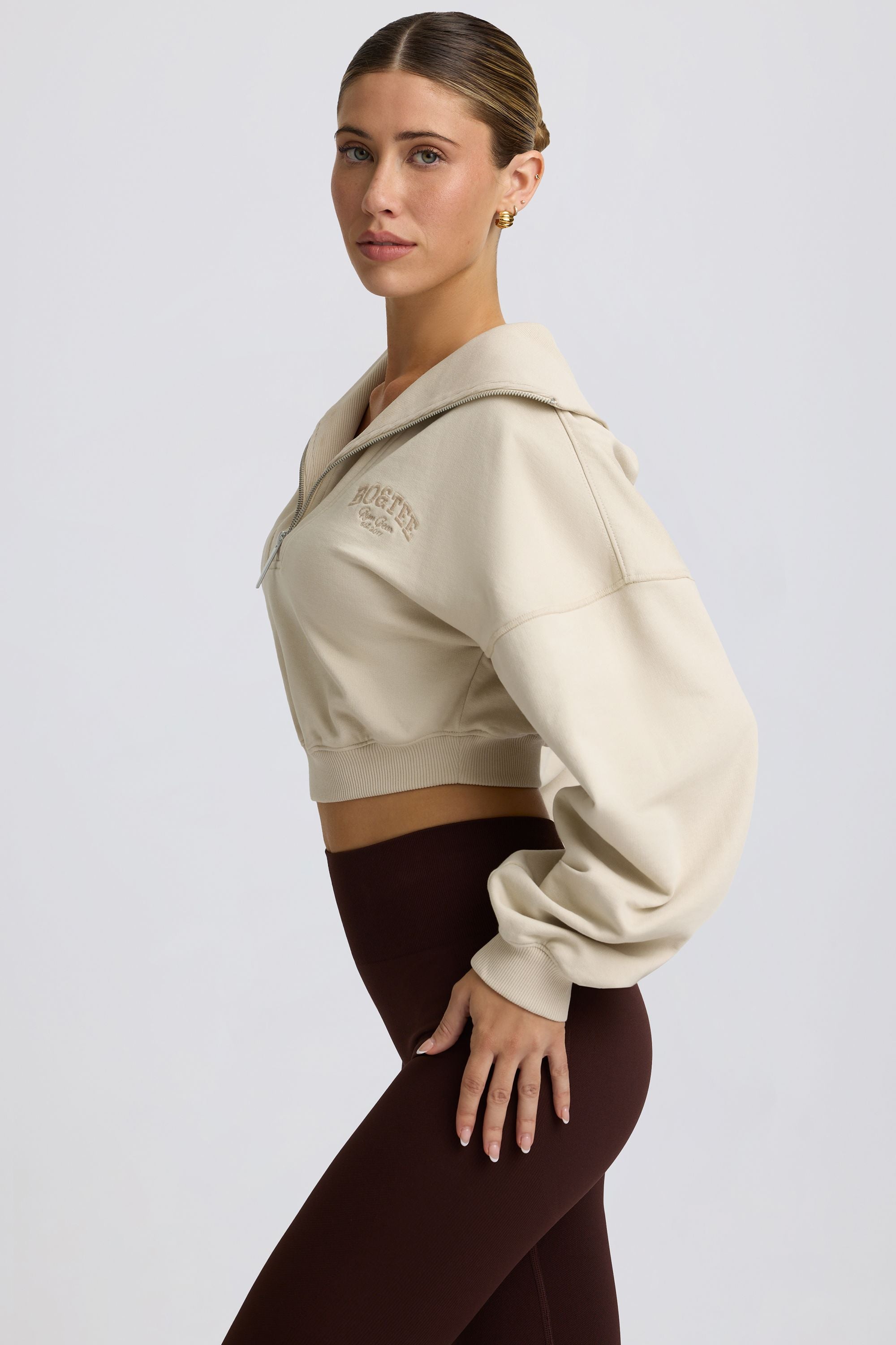 Fleece Lined Quarter-Zip Cropped Sweatshirt in Bone