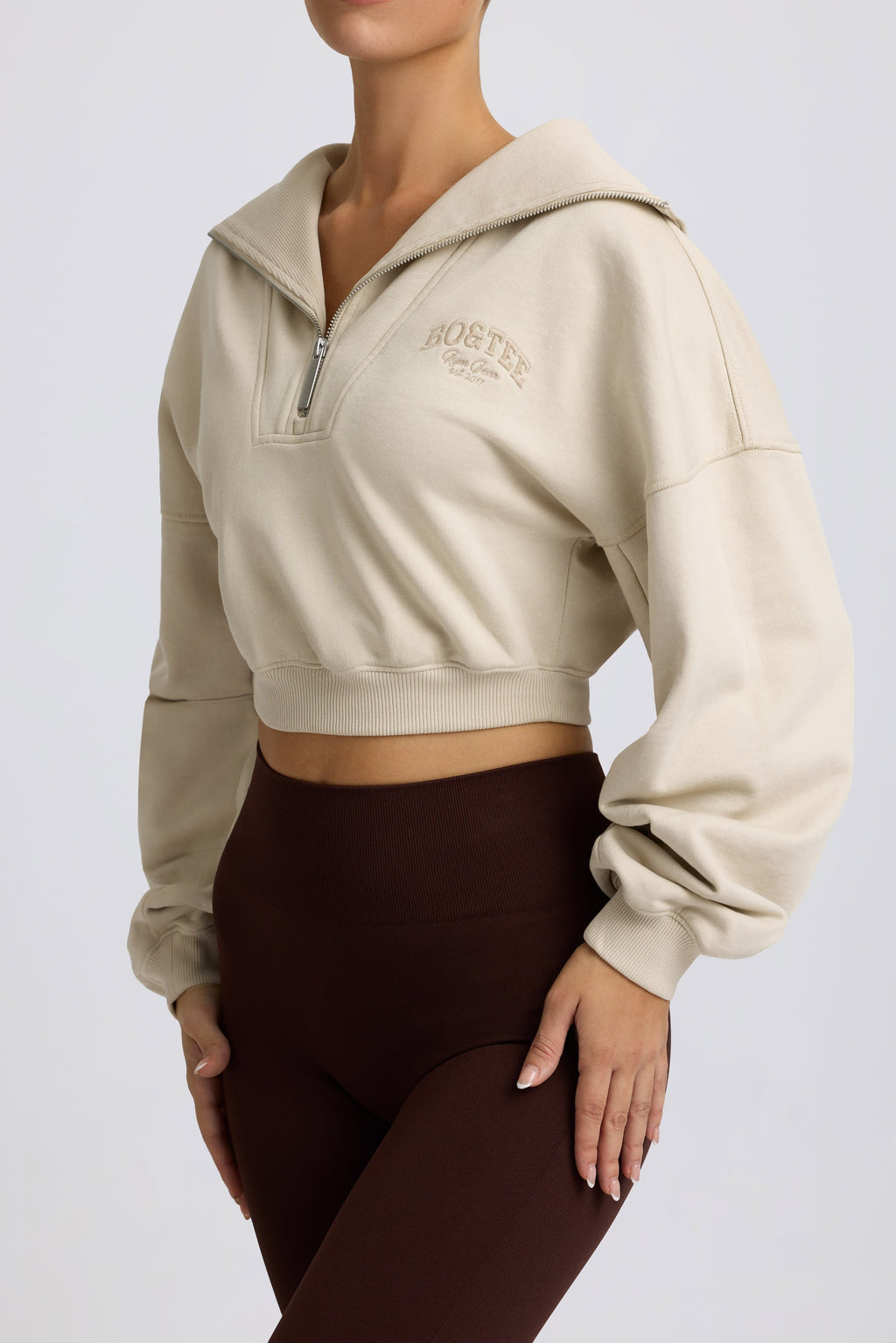 Fleece Lined Quarter-Zip Cropped Sweatshirt in Bone