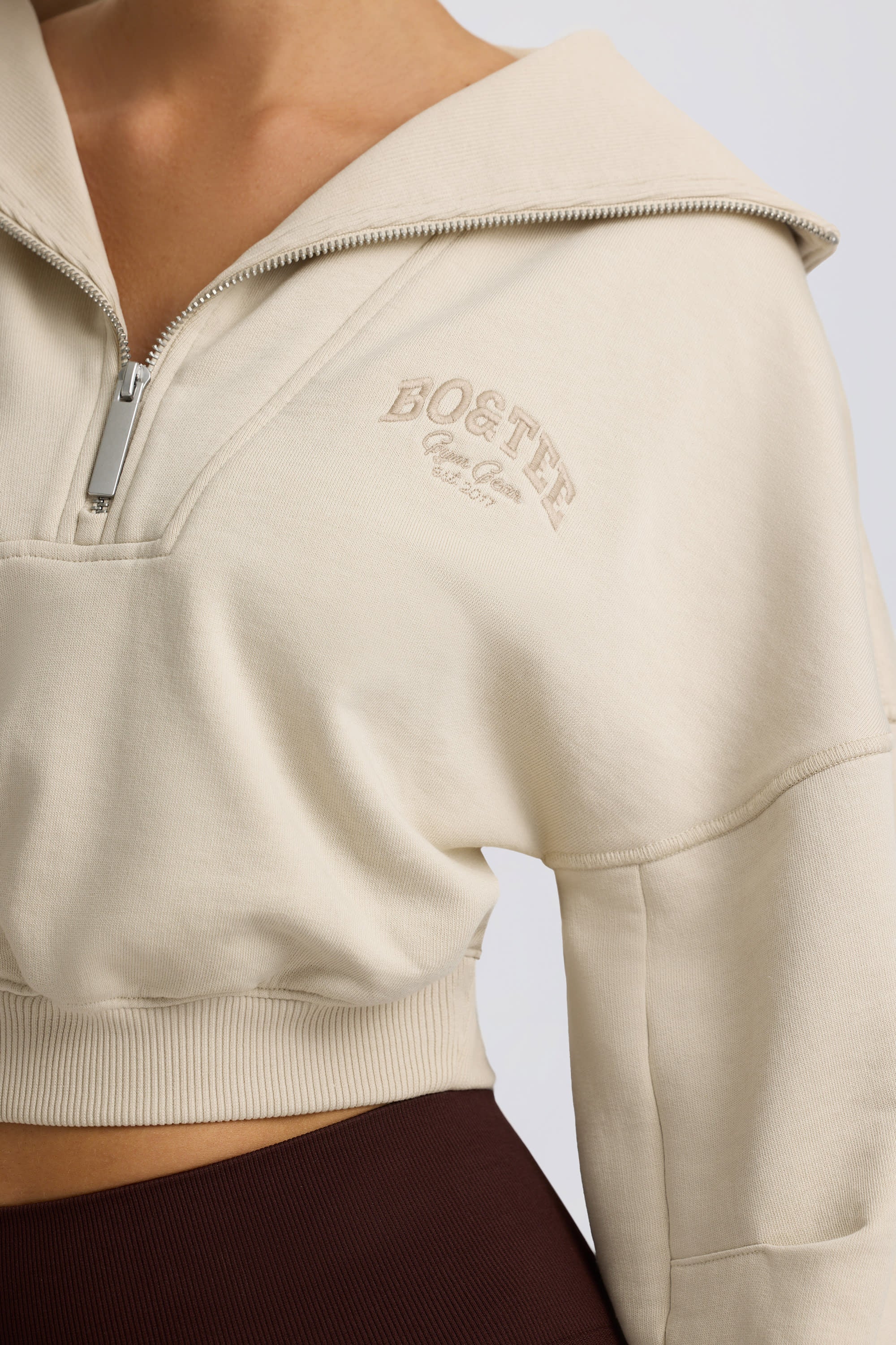 Fleece Lined Quarter-Zip Cropped Sweatshirt in Bone