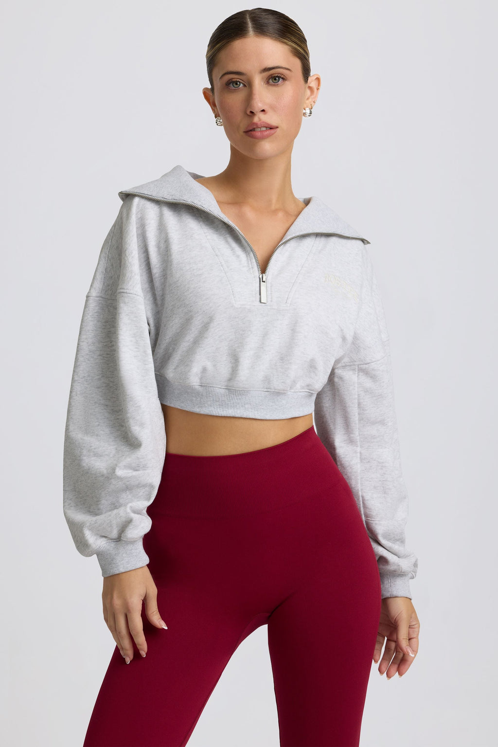 Fleece Lined Quarter-Zip Cropped Sweatshirt in Grey Marl