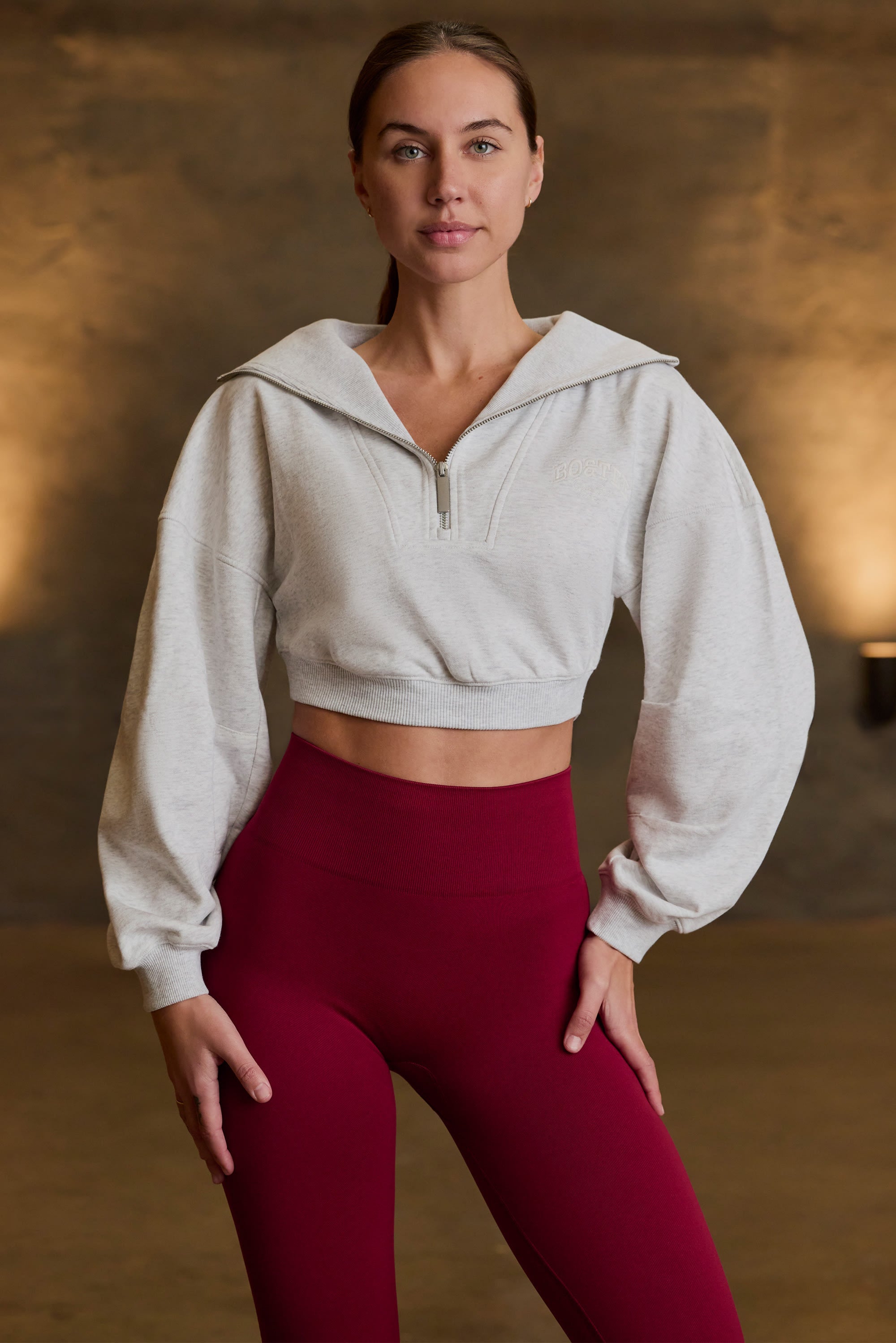 Fleece Lined Quarter-Zip Cropped Sweatshirt in Grey Marl