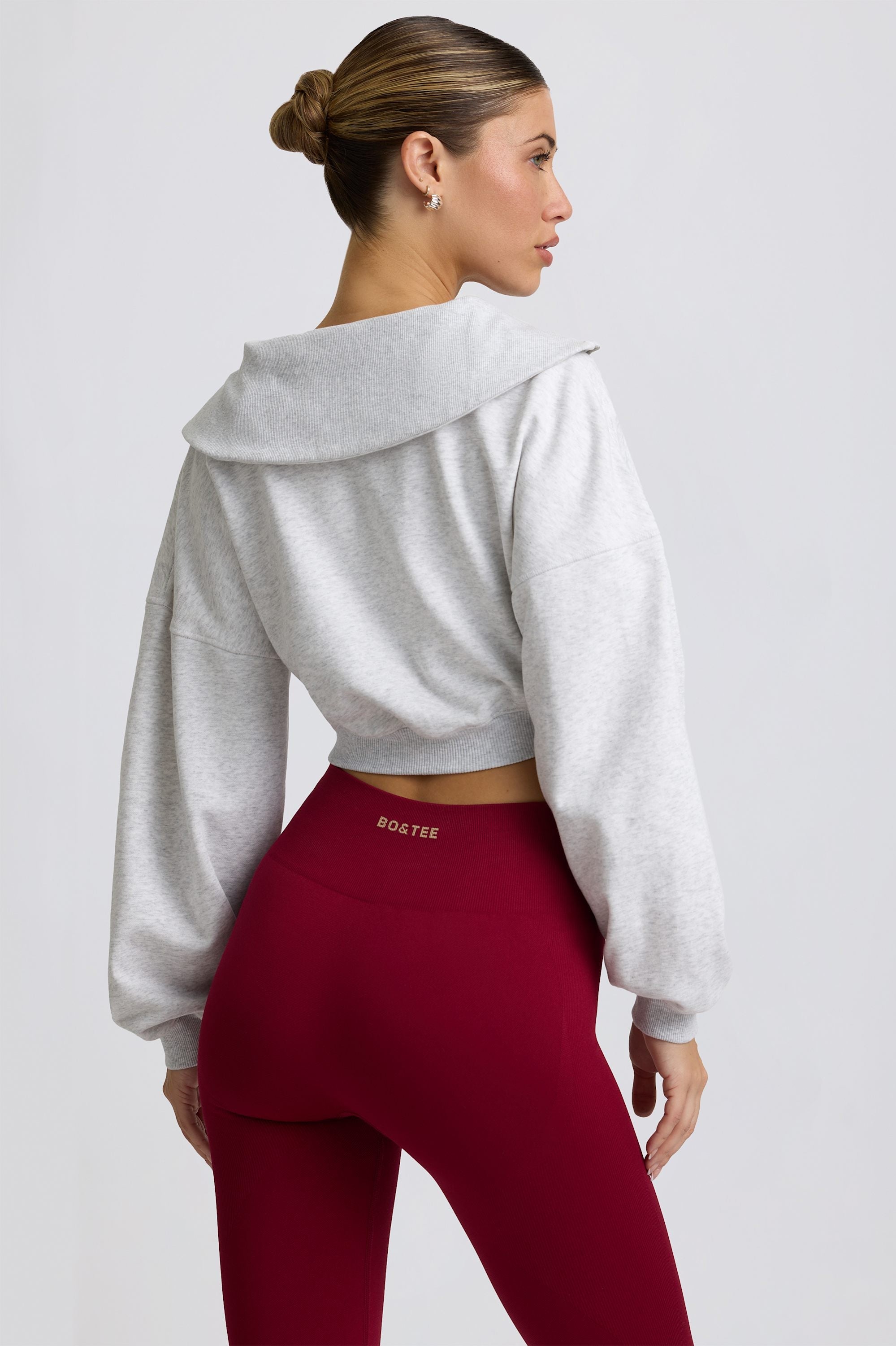 Fleece Lined Quarter-Zip Cropped Sweatshirt in Grey Marl