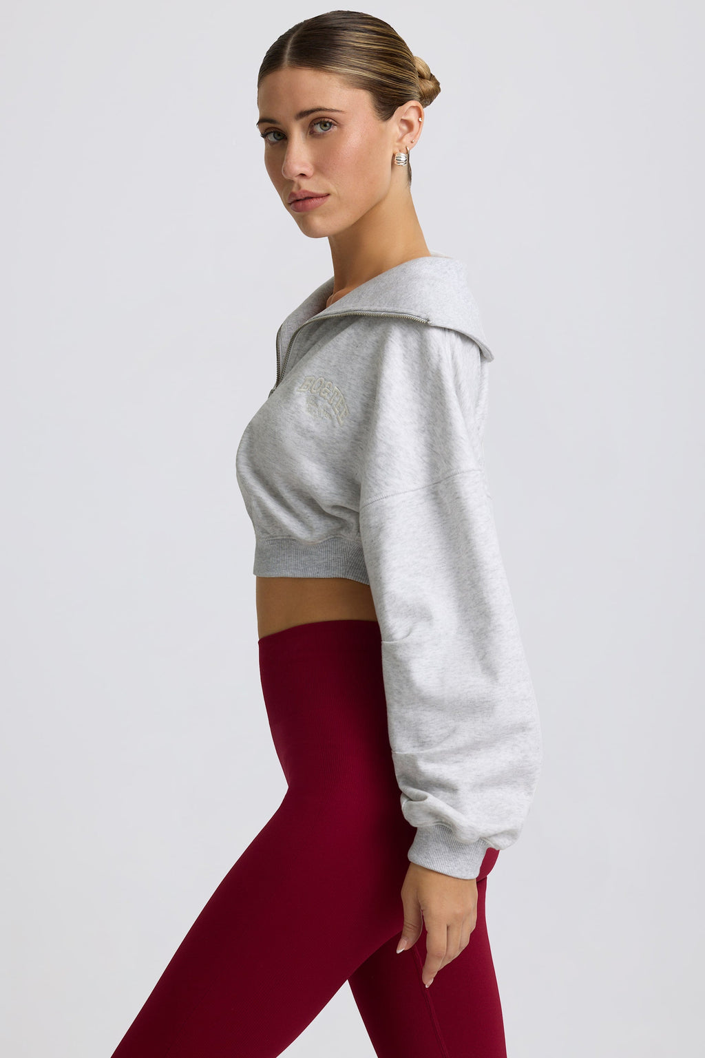 Fleece Lined Quarter-Zip Cropped Sweatshirt in Grey Marl