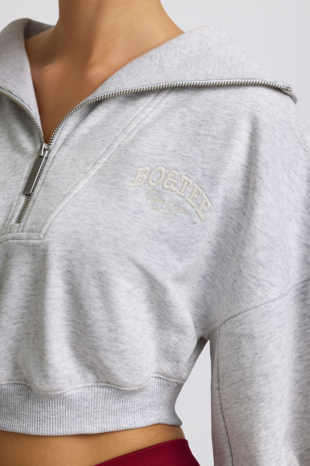 Fleece Lined Quarter-Zip Cropped Sweatshirt in Grey Marl