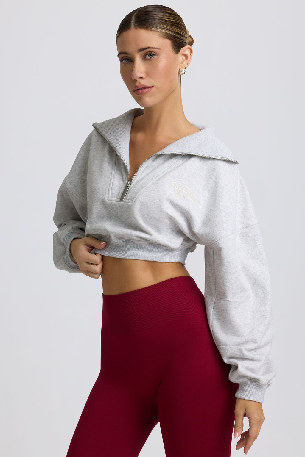 Fleece Lined Quarter-Zip Cropped Sweatshirt in Grey Marl
