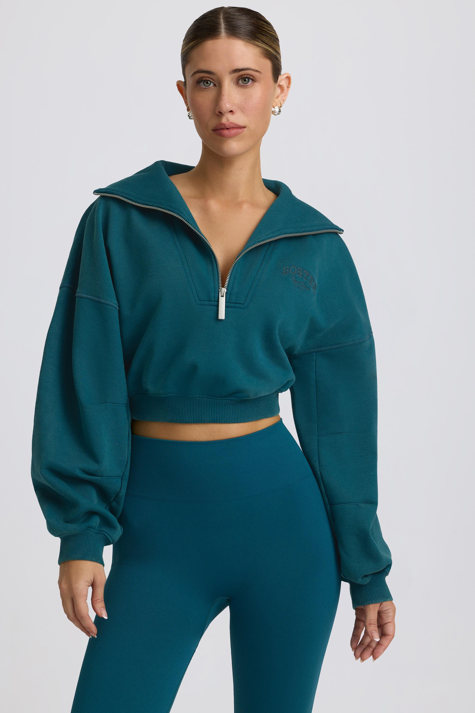 Fleece Lined Quarter-Zip Cropped Sweatshirt in Teal