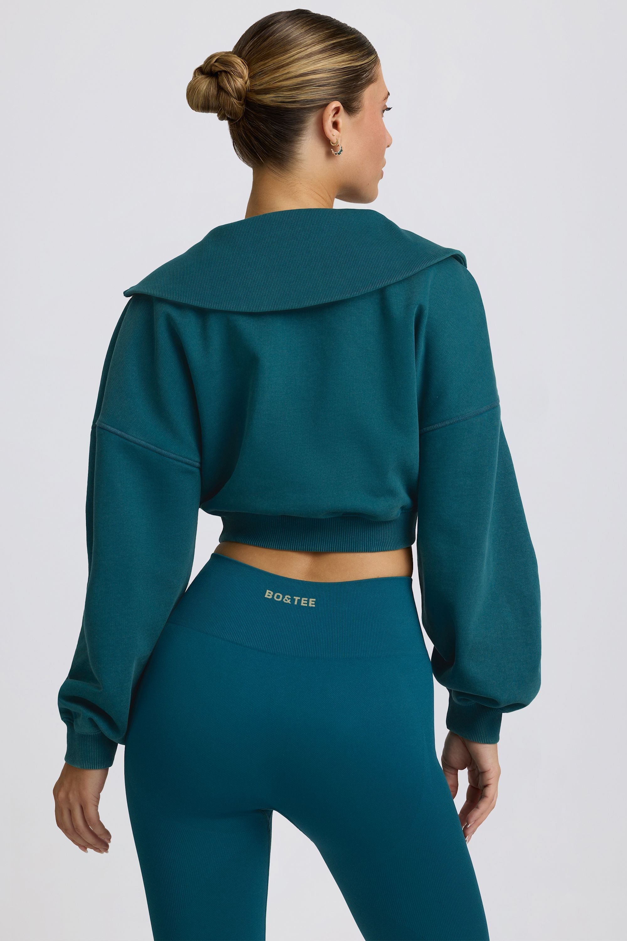Fleece Lined Quarter-Zip Cropped Sweatshirt in Teal