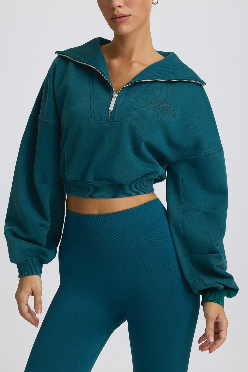 Fleece Lined Quarter-Zip Cropped Sweatshirt in Teal