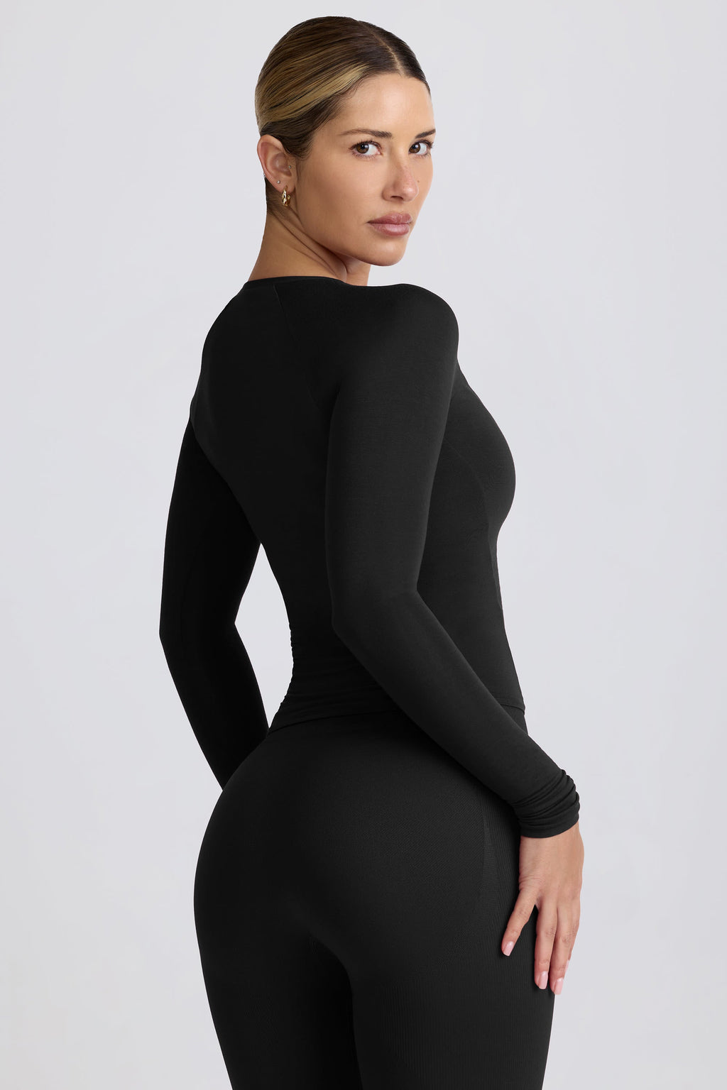 Modal Ruched Long-Sleeve Top in Black