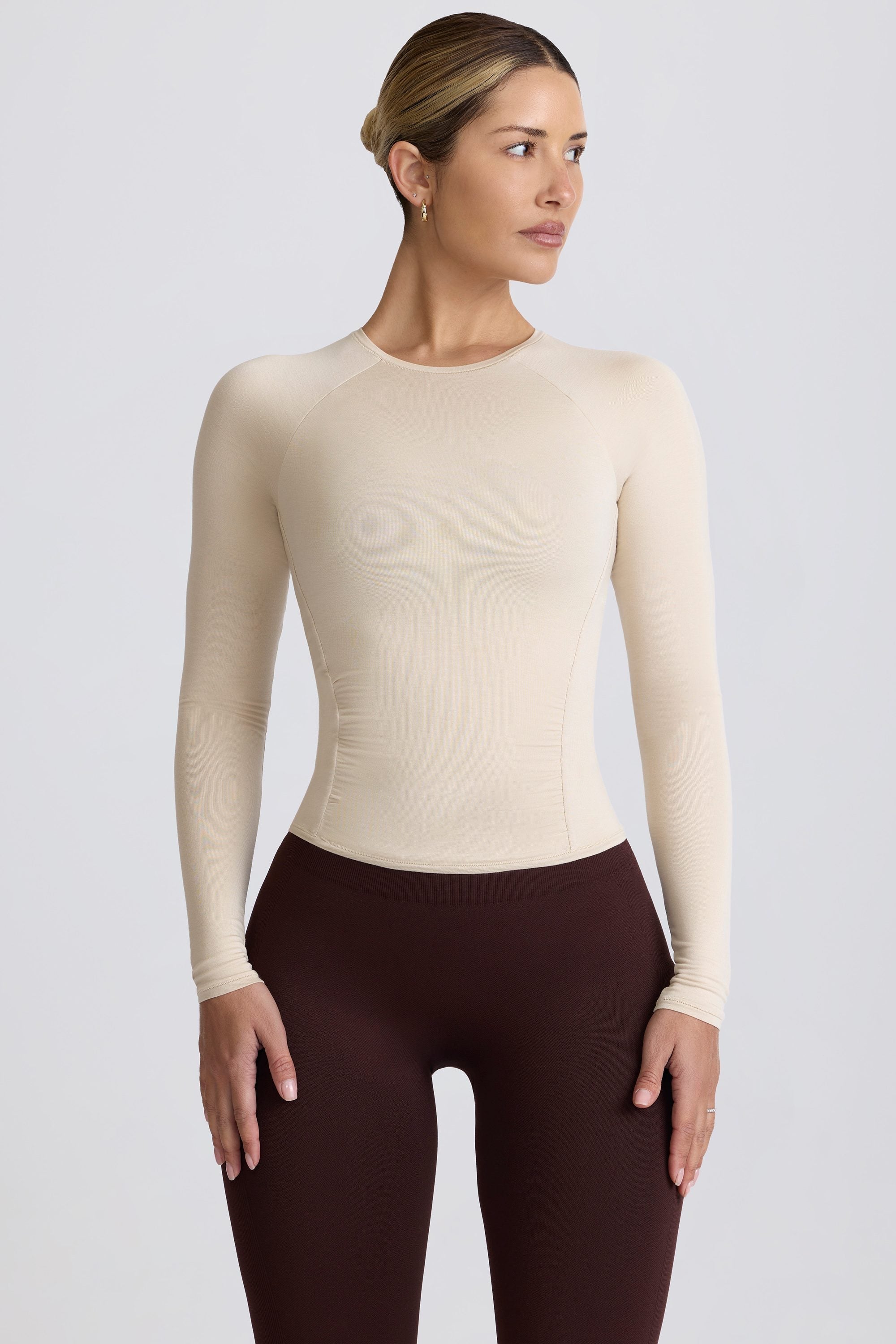 Modal Ruched Long-Sleeve Top in Bone