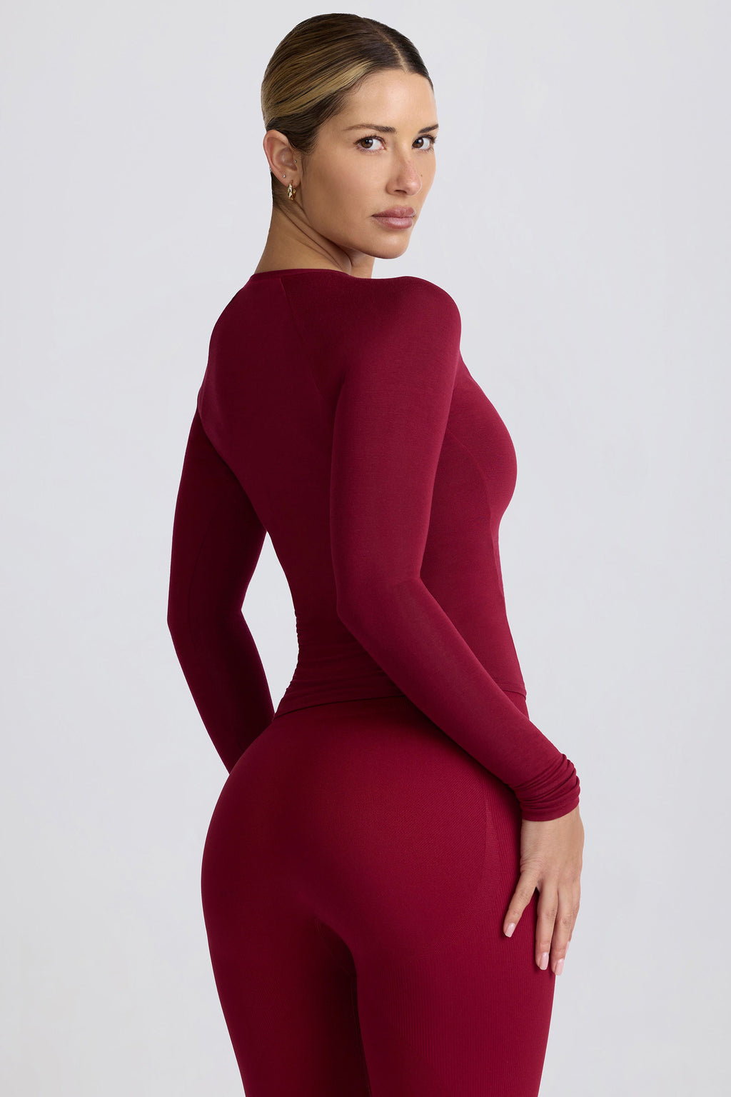 Modal Ruched Long-Sleeve Top in Burgundy