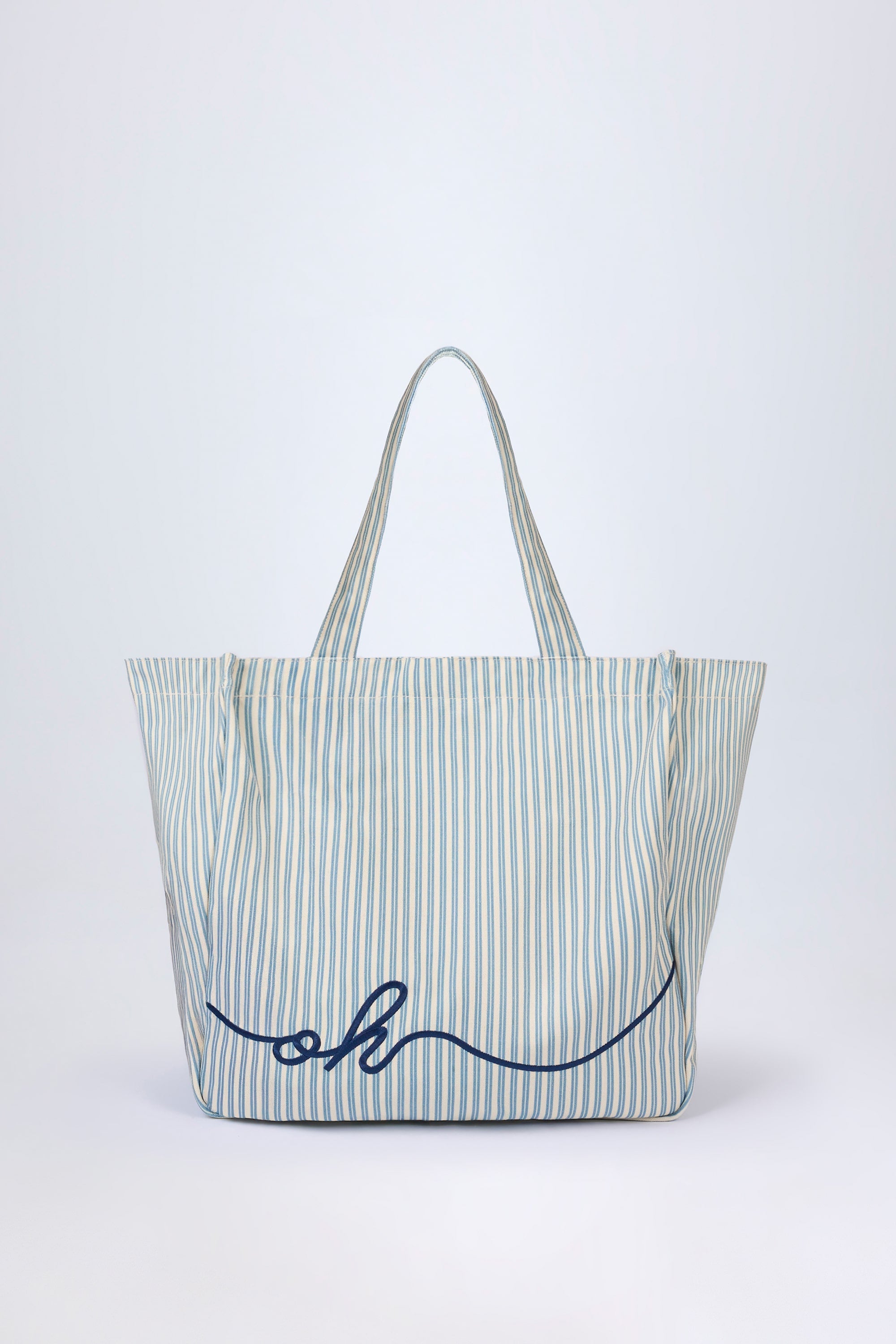 Oversized Canvas Tote Bag in Teal Blue Double Stripe