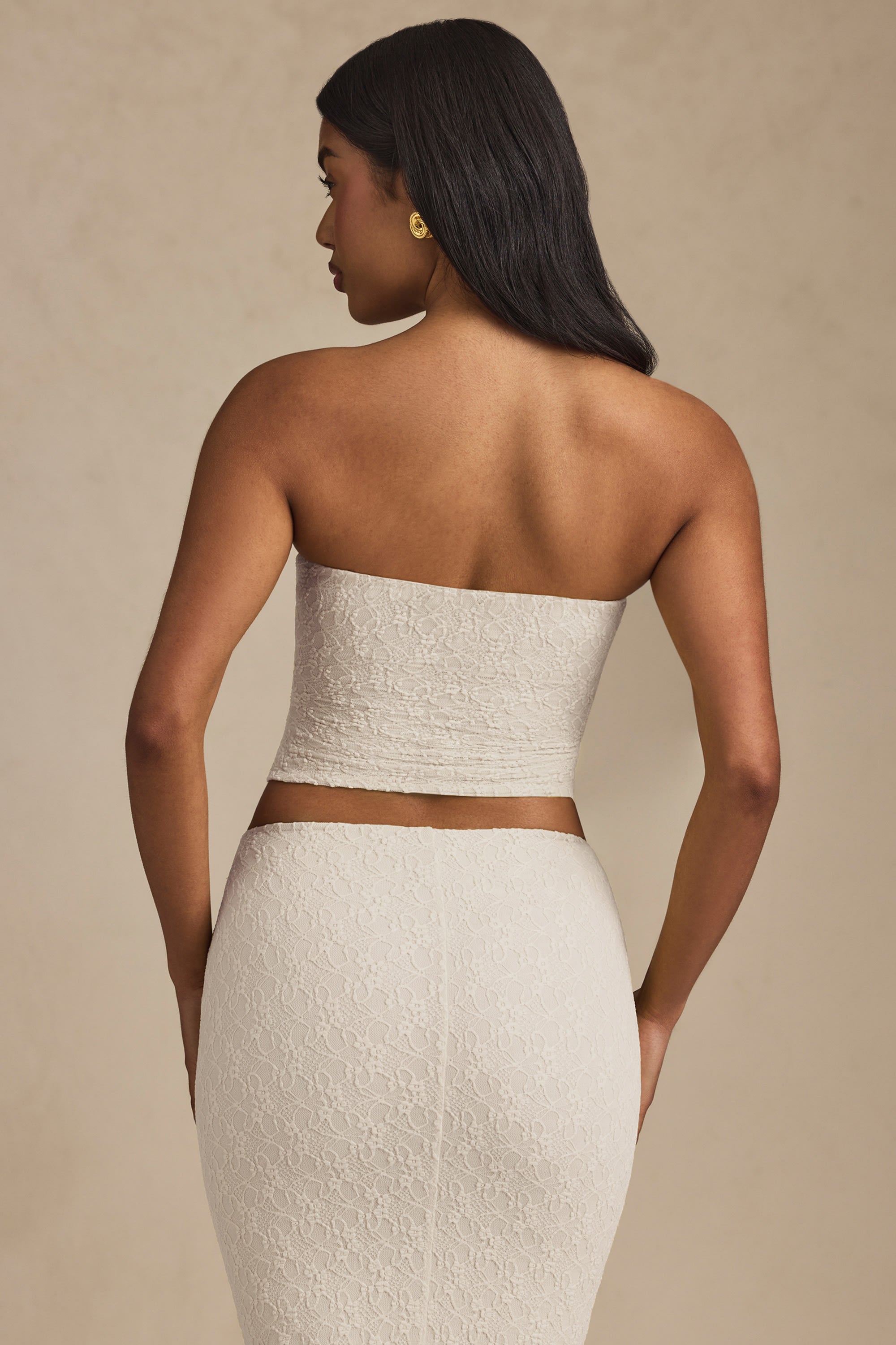 Ruched Strapless Lace Top in Ivory