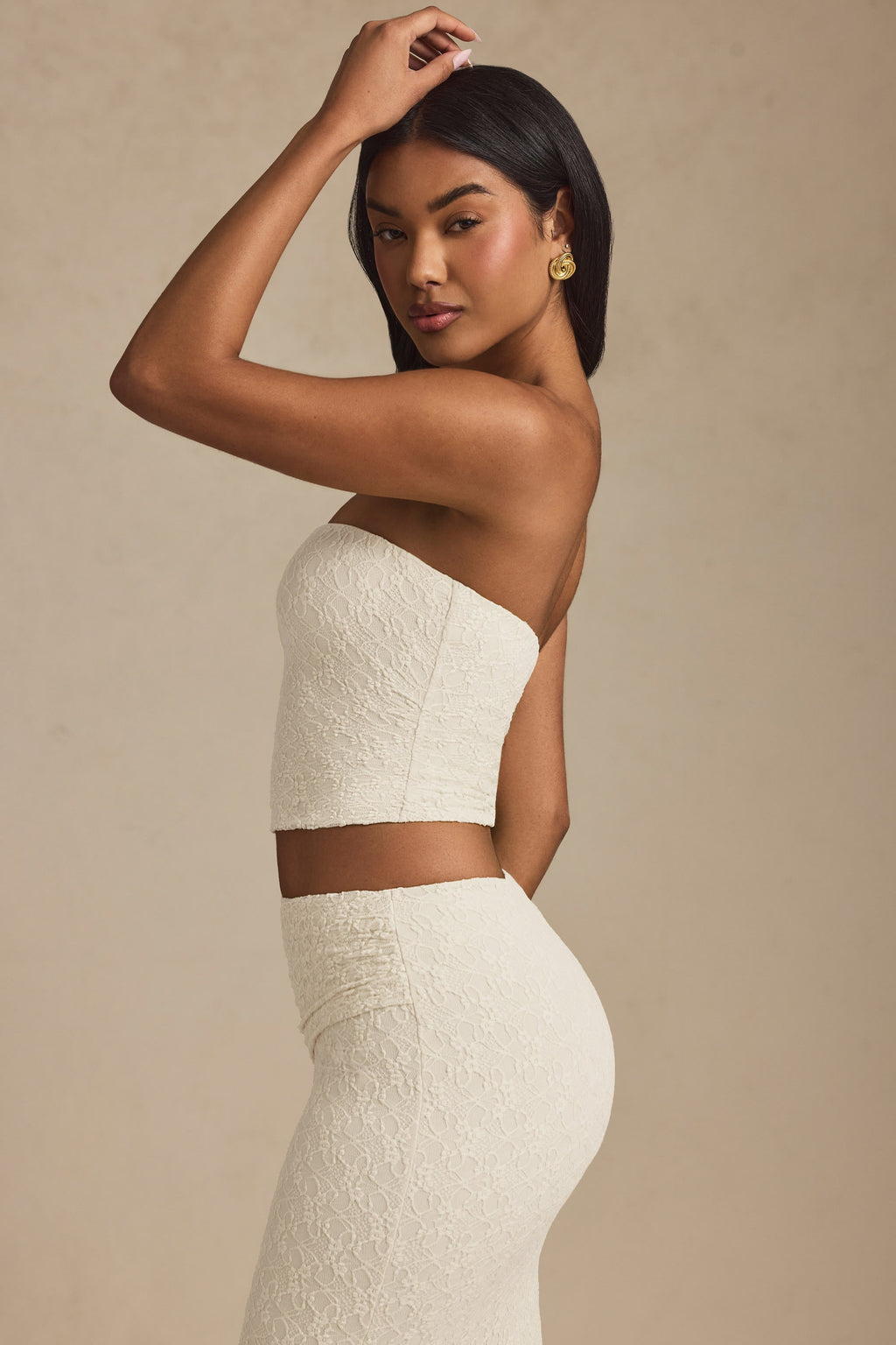 Ruched Strapless Lace Top in Ivory