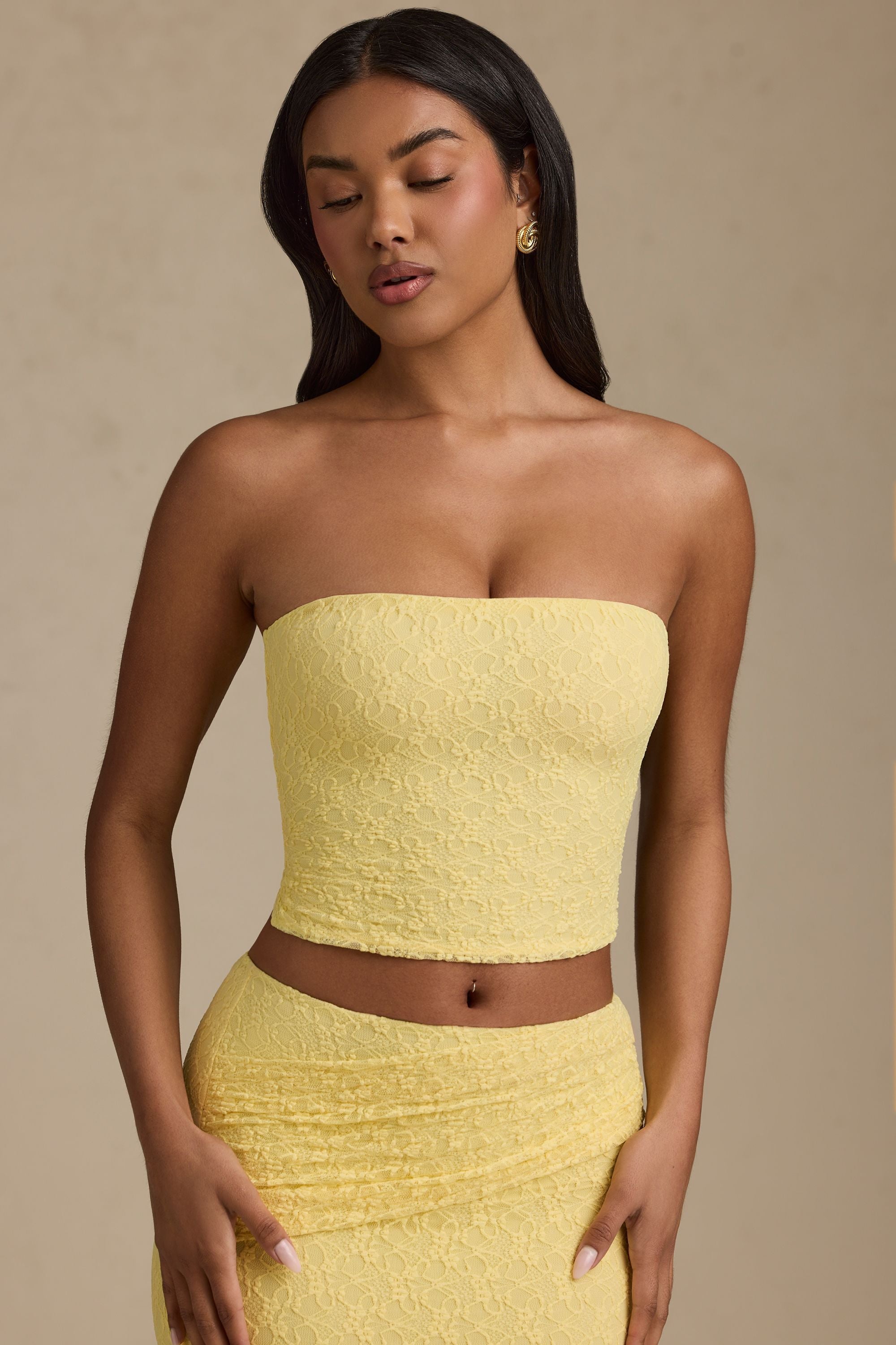 Ruched Strapless Lace Top in Pastel Yellow