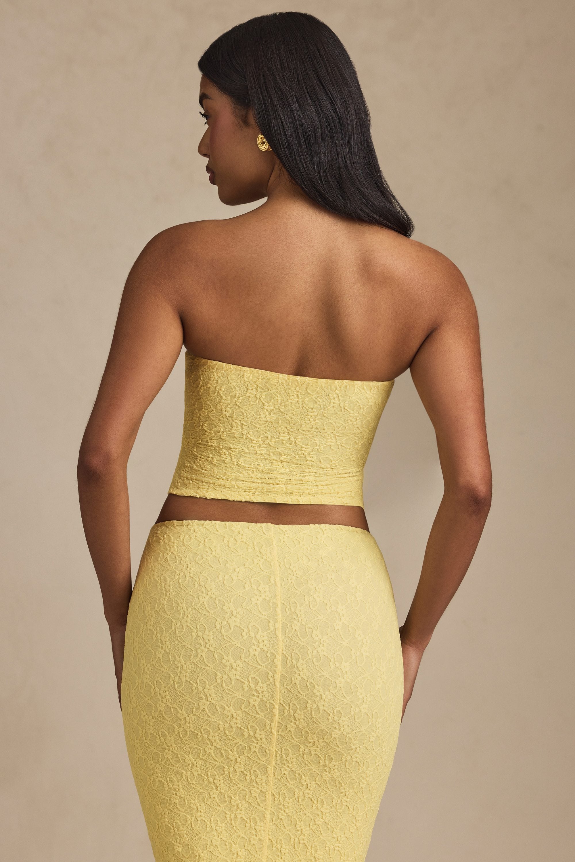 Ruched Strapless Lace Top in Pastel Yellow