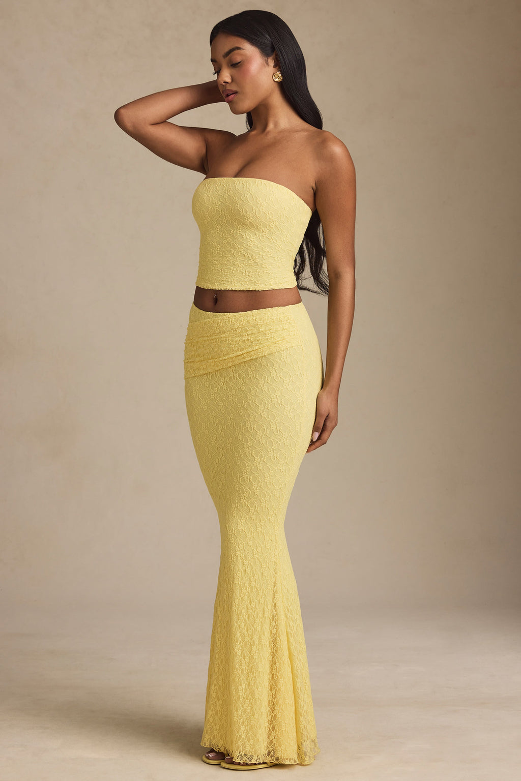 Ruched Strapless Lace Top in Pastel Yellow