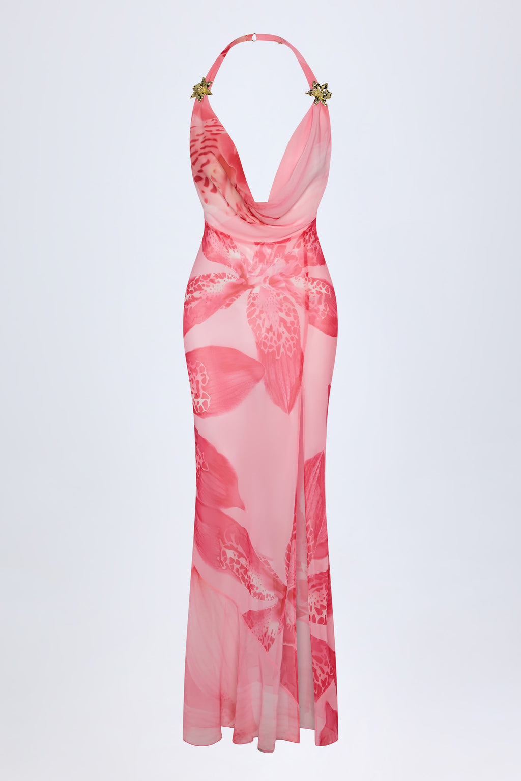 Cowl-Neck Hardware-Detail Maxi Dress in Pink Orchid Print