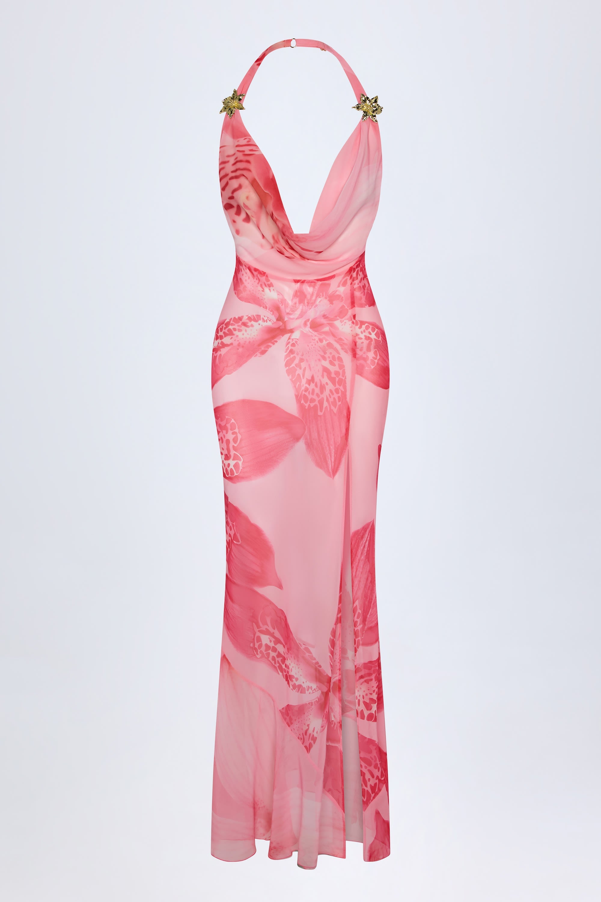 Cowl-Neck Hardware-Detail Maxi Dress in Pink Orchid Print