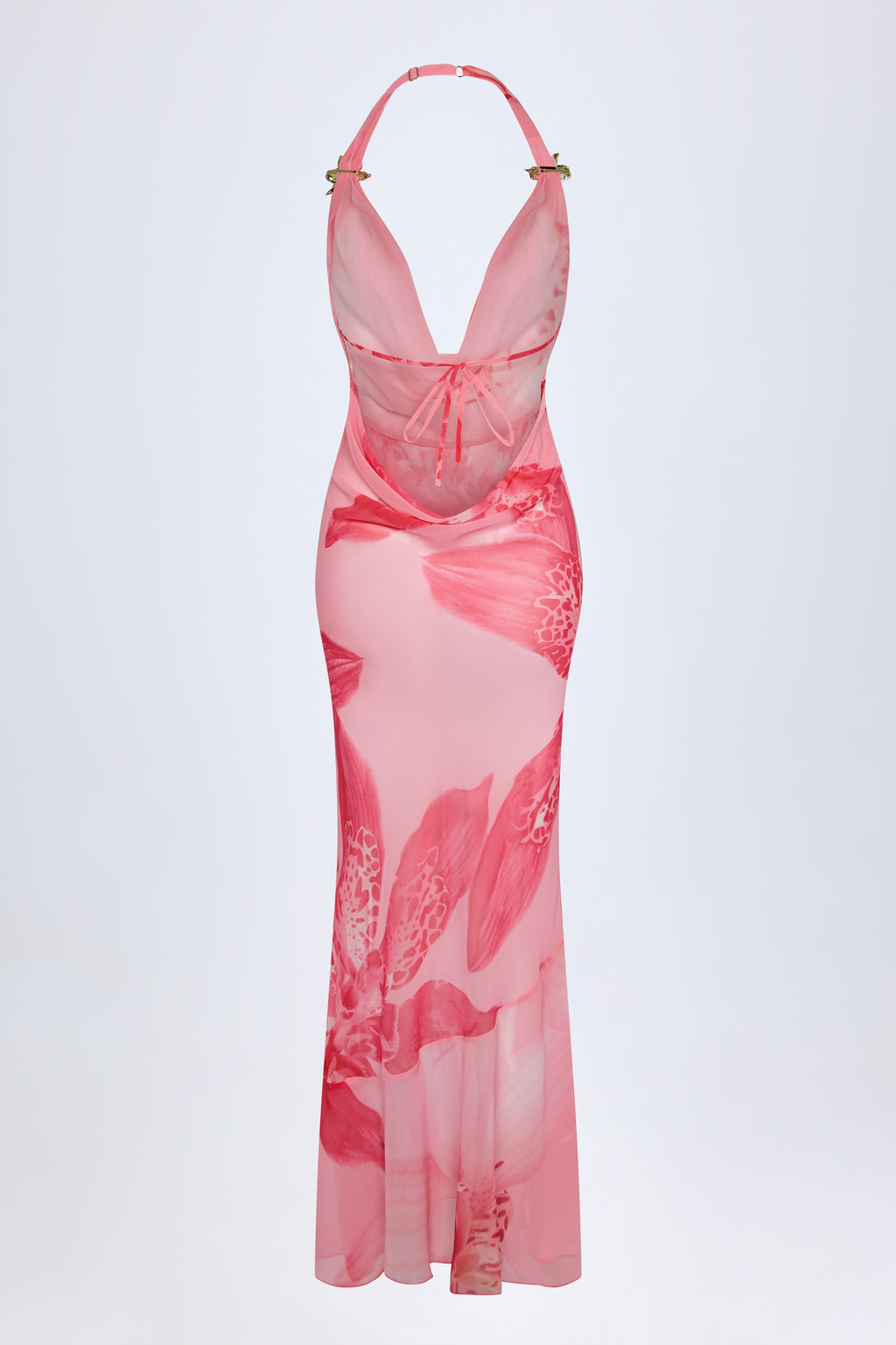 Cowl-Neck Hardware-Detail Maxi Dress in Pink Orchid Print