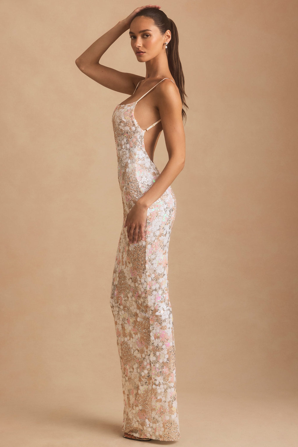 Embellished Scoop-Neck Backless Maxi Dress in Ivory
